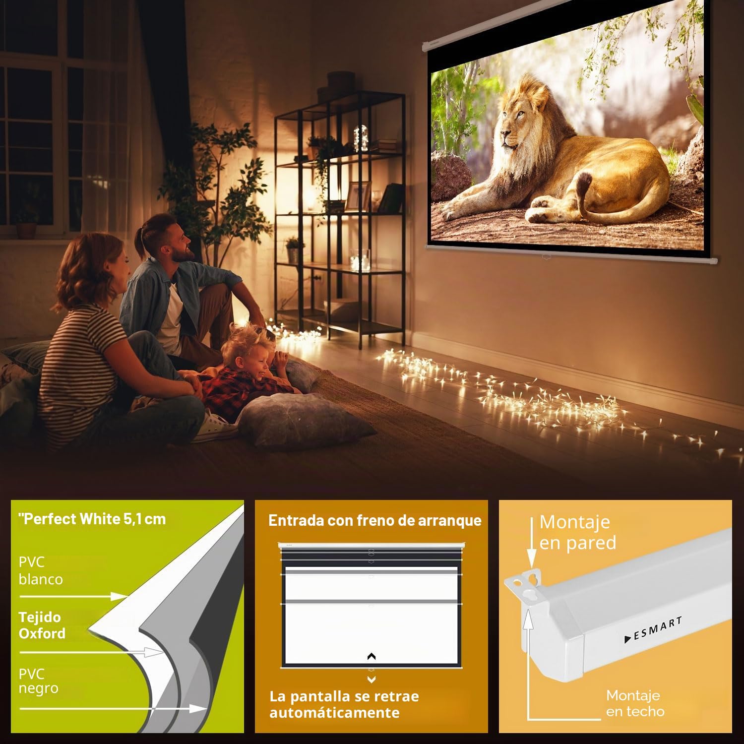 ESMART Professional MIROLO Pantalla Manual, Ancho Tot. 223 cm, Tela: Blanca | Área de proyección 203 × 114 cm, formato 16:9, tela blanca para cine en casa y presentaciones, extracción manual
