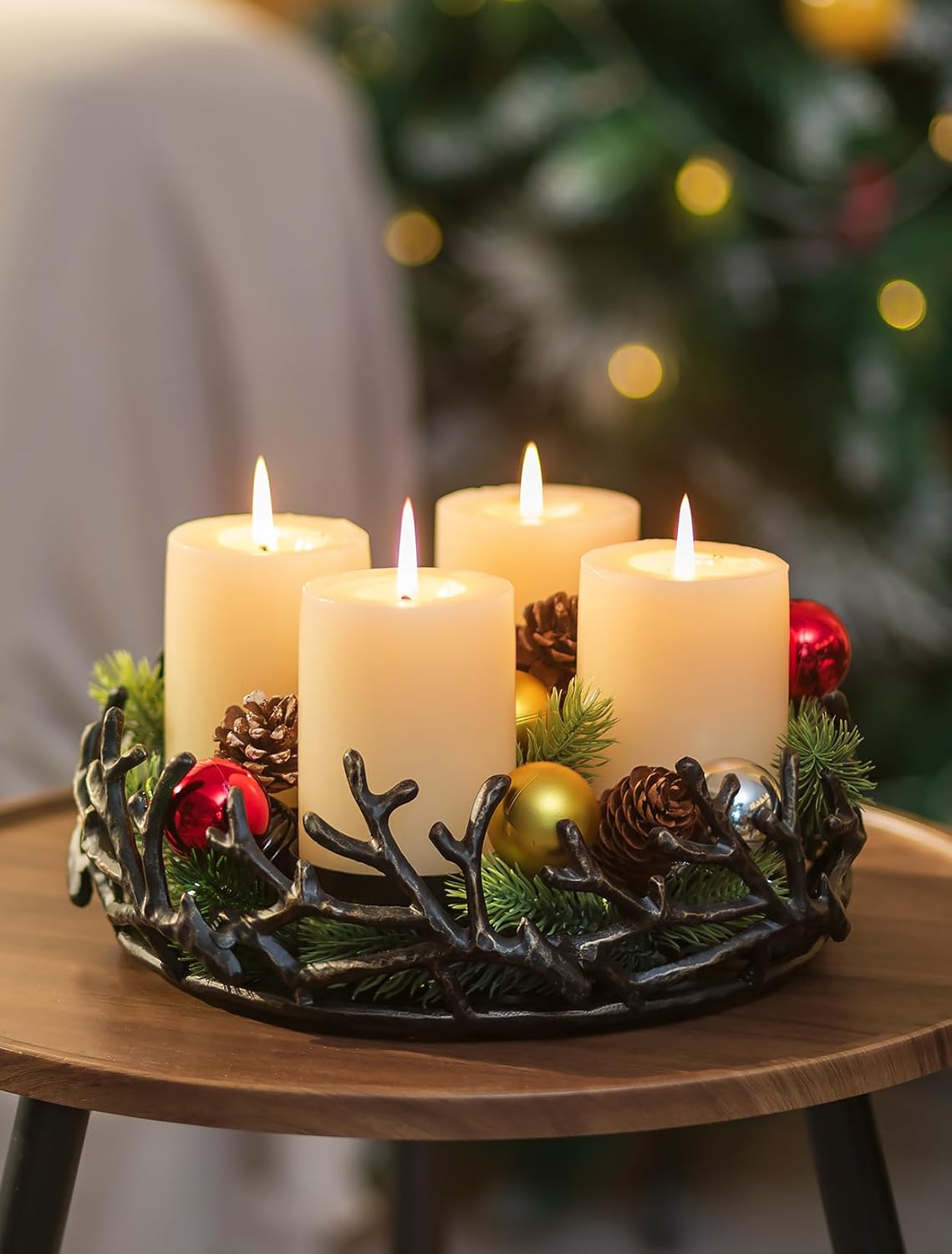 Romadedi Christmas Candle Holders for Pillar - Vintage Cast Iron Candelabra Reindeer Antler Design 4 Candle Plate Distressed Gold Black Finish Table Centerpiece Advent Decor Festive Gifts