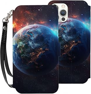 Space Planet Earth Print Flip Wallet Case for iPhone 12 Mini 5.4 Inch, PU Leather Magnetic Shockproof Phone Case Cover with Card Holder and Wrist Strap White