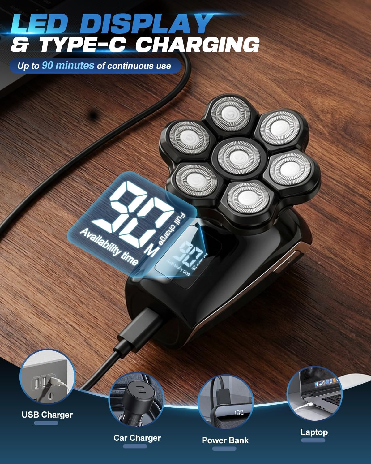 Head Shavers for Blad Men, 7D Floating Blades Electric Head Shaver, IPX7 Waterproof Wet Dry Bald Head Shaver, Magnetic Detachable Rechargable Head Shavers, Gifts for Man Male Father Husband - Image 5