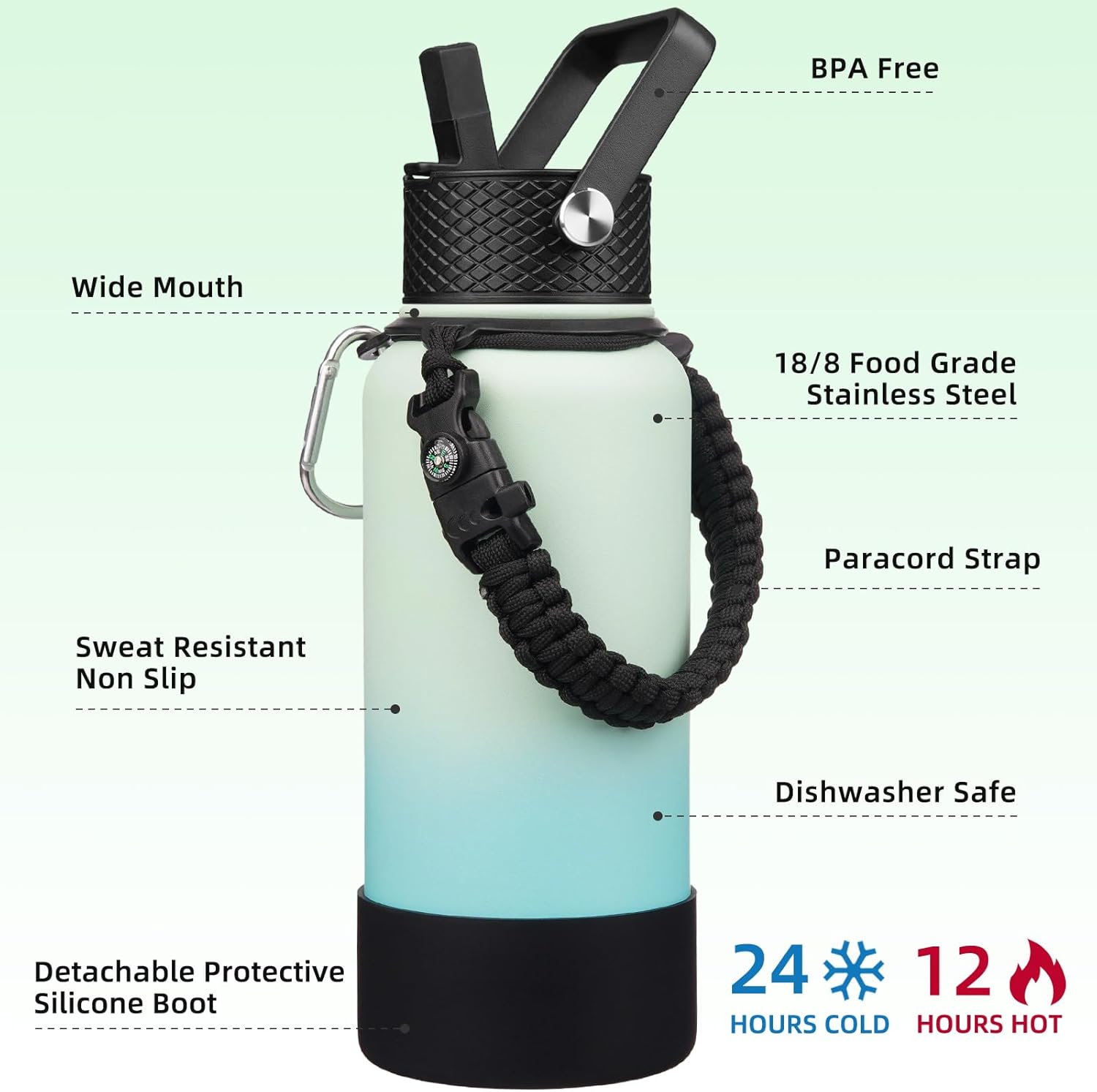 BJPKPK 32oz Insulated Water Bottles with 3 Lids, Paracord Handle & Non-slip Boot, Stainless Steel Metal Water Bottle,Reusable BPA Free Thermal Flasks, Tumblers, Mint - Image 2