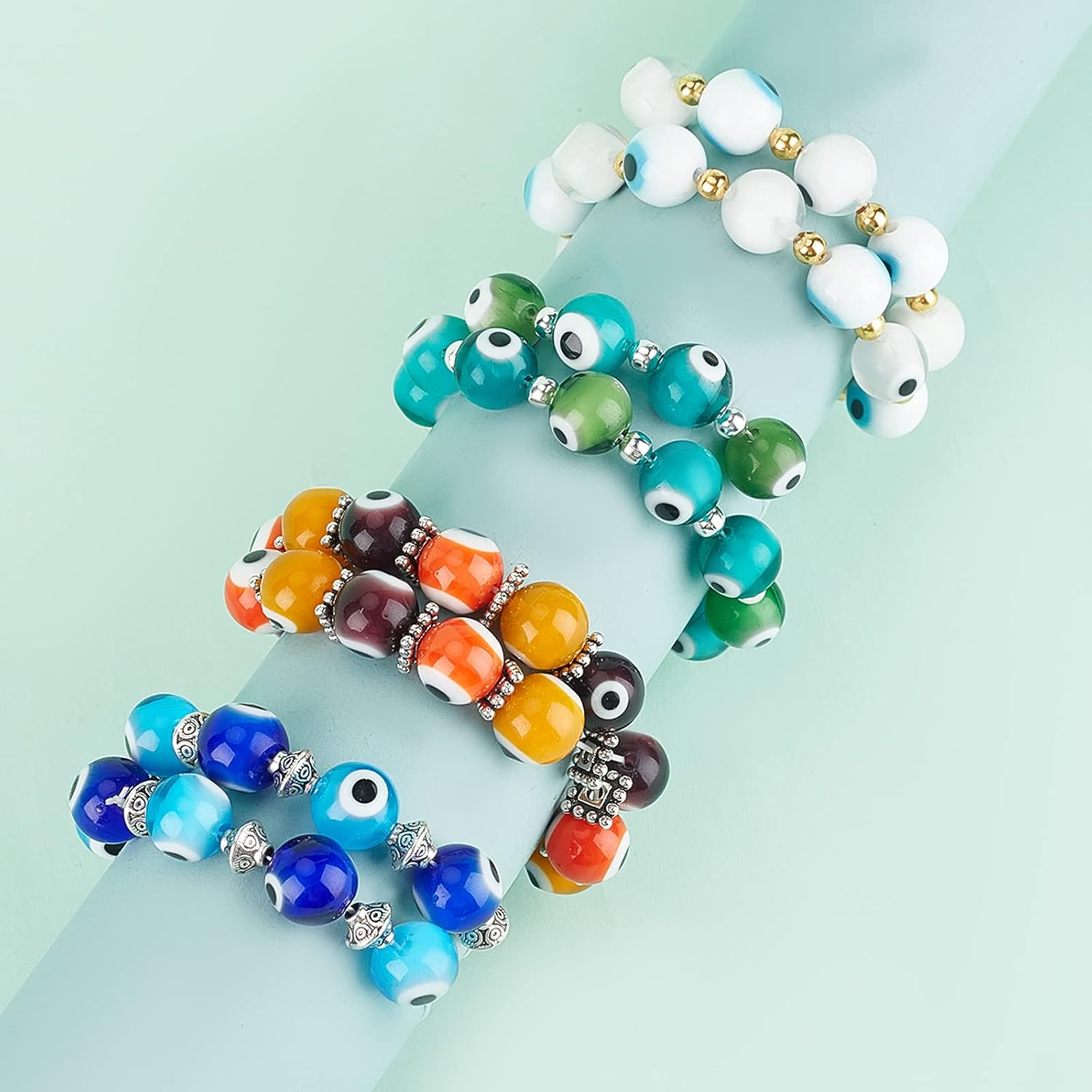 NBEADS 150 Pcs 10mm Glass Evil Eye Beads, 10 Colors, Handmade Lampwork Beads for Bracelets & Necklaces