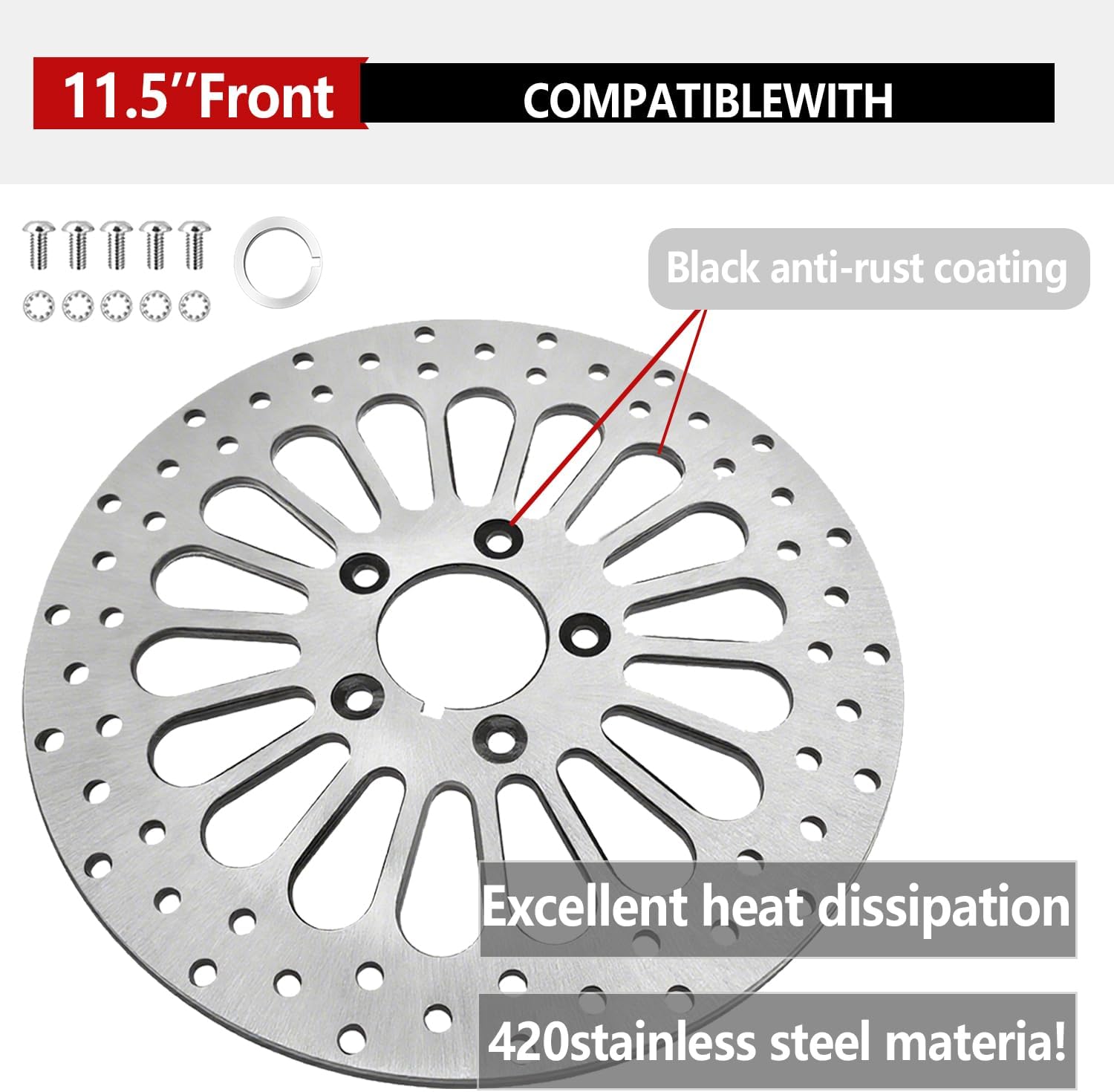 11.5 Inch Front & Rear Brake Rotors 2 Piece Set, Compatible with Harley Davidson Touring Softail Sportster Dyna Early Super Glide Models, Heat Dissipation Brushed Surface Brake Rotors