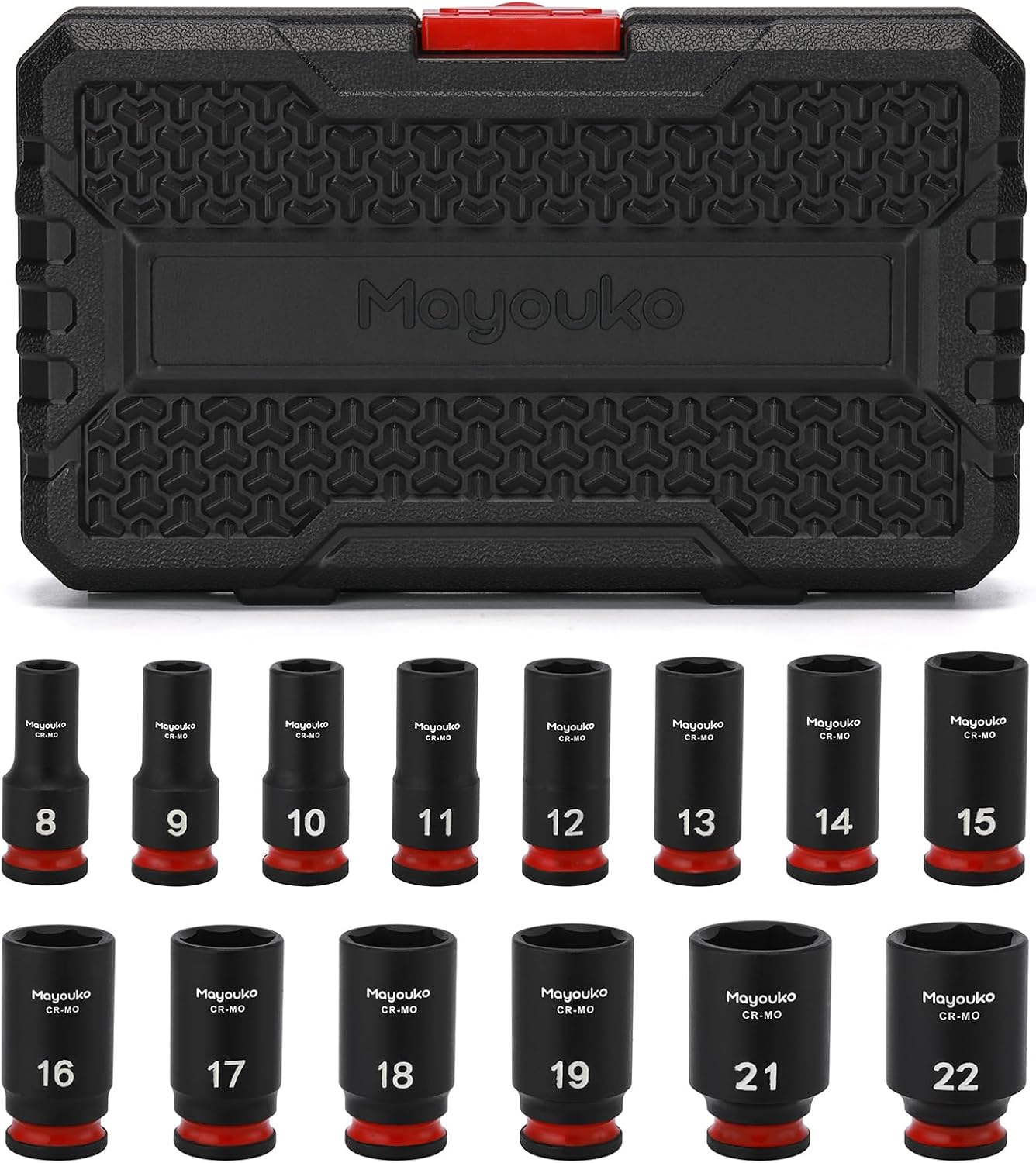 Mayouko 14PCS 3/8" Drive Semi-Deep Impact Socket Set, 8-22MM, Metric, CR-MO, Impact Grade Middle Length Socket Set, 6 Point