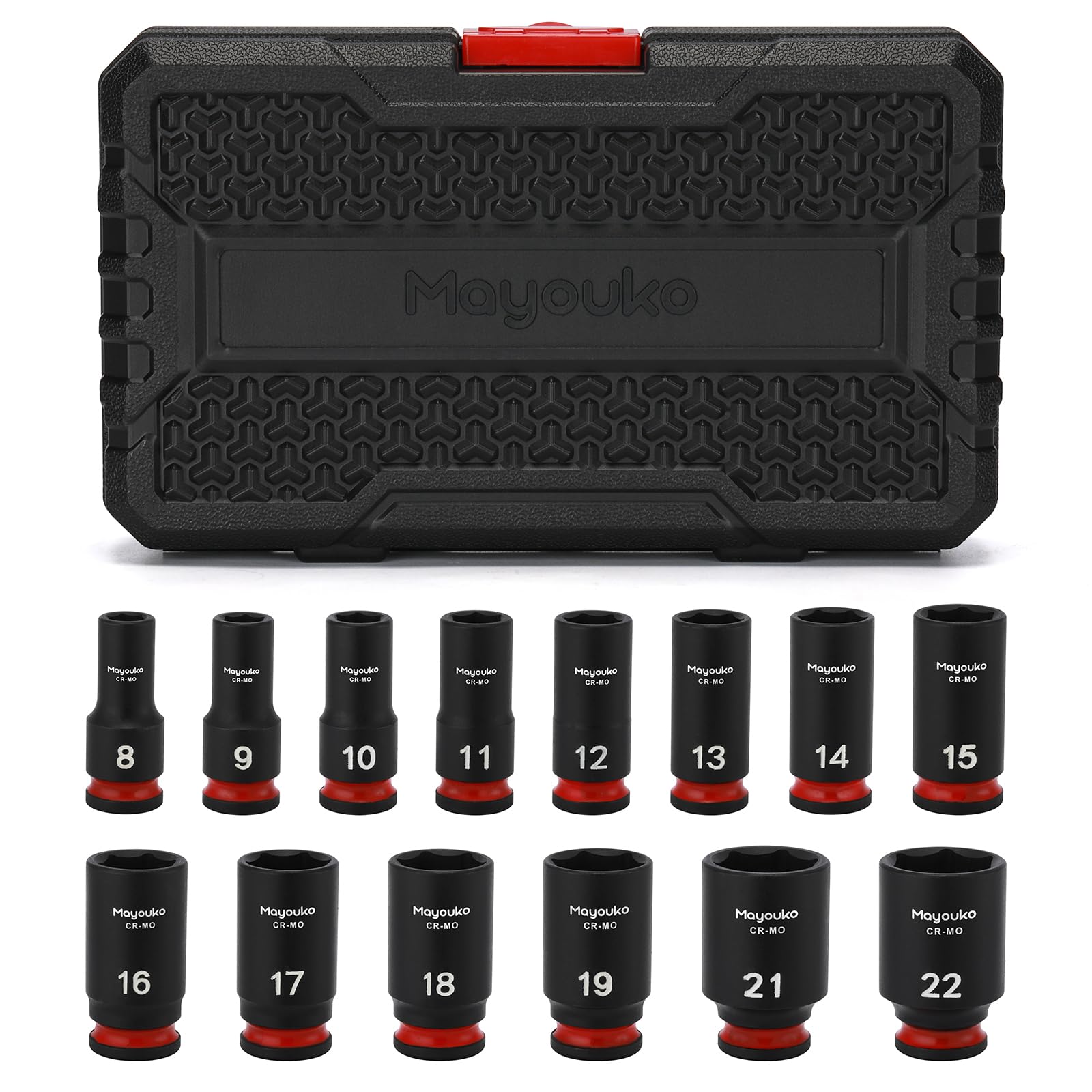 Mayouko 14PCS 3/8" Drive Semi-Deep Impact Socket Set, 8-22mm, Metric, CR-MO, Impact Grade Middle Length Socket Set, 6-Point