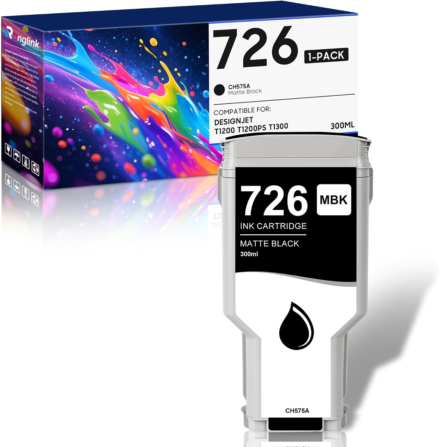 726 Matte Black Ink Cartridge CH575A 300ML with Chip, 1-Pack