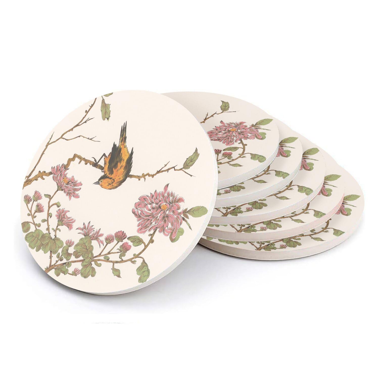 Sous-verre ronds en céramique oiseau style estampe japonaise lot de 6 pièces 108mm