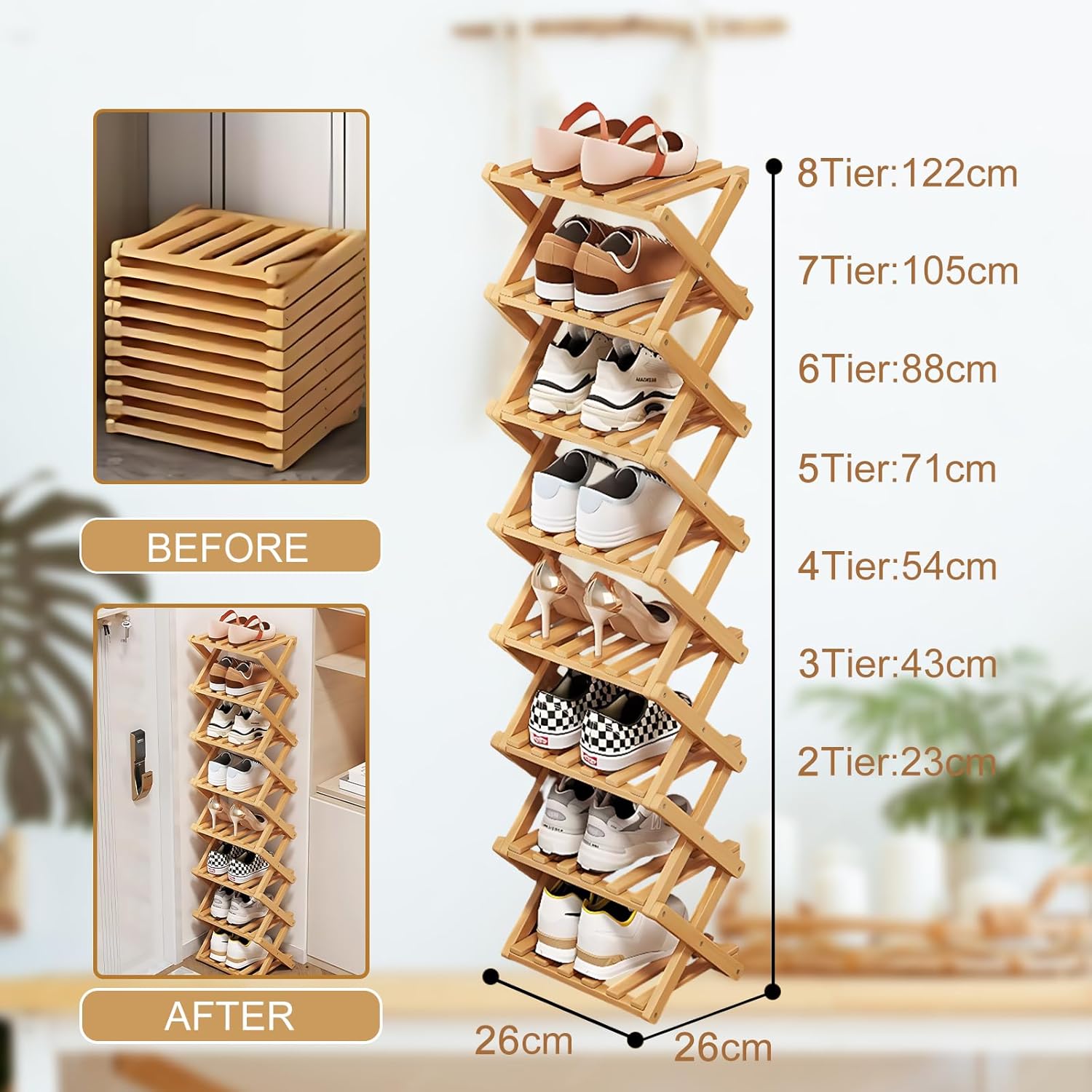8 Tier Natural Bamboo Shoe Rack,Foldable Space Saving Shoe Storage Organizer,Easy Assembly & Strong Design Shoes Stand Shelf Organiser for Closet (Primary Color, Eight Layers)