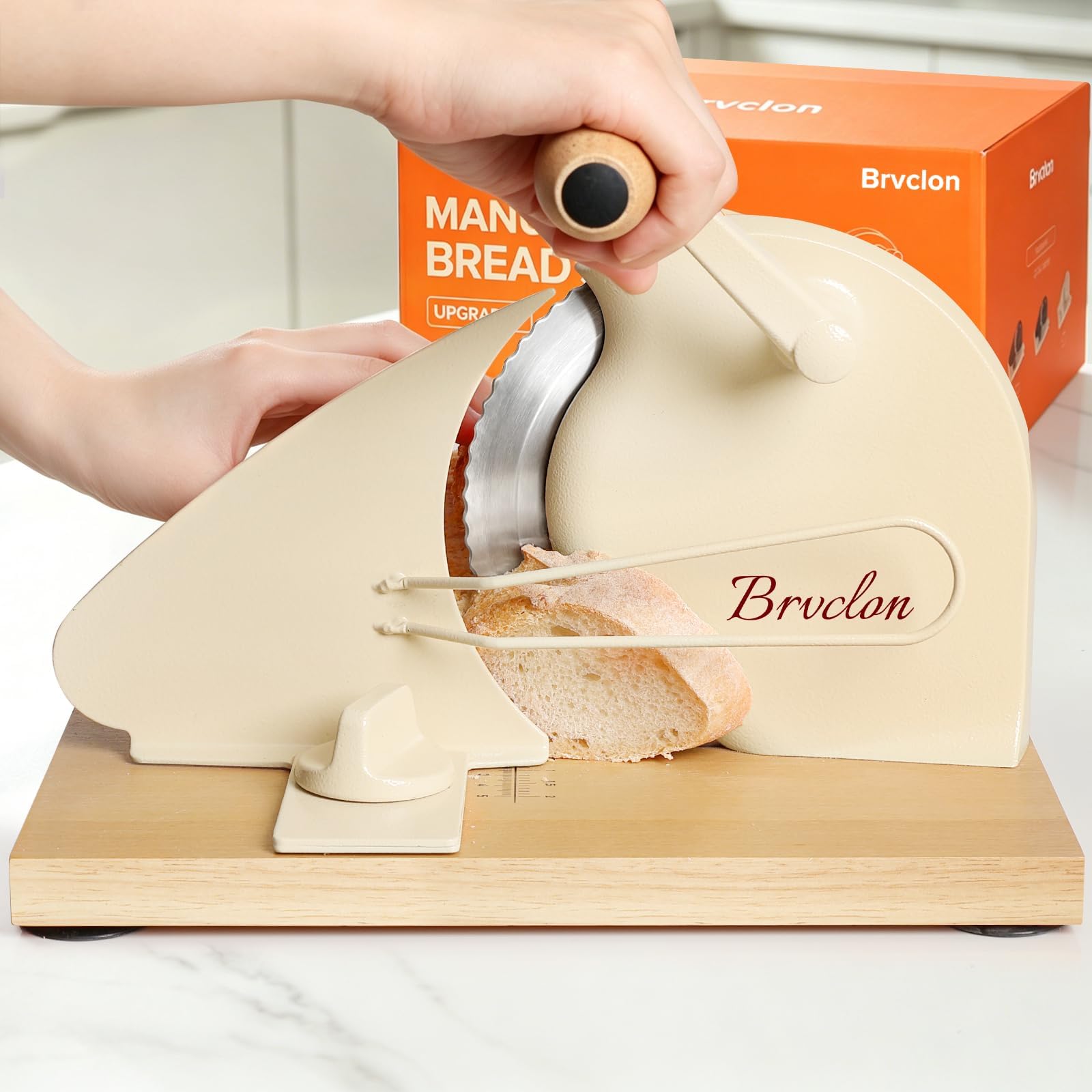 Brvclon Manual Bread Slicer Adjustable Thickness, Hand Crank Bread Slicer for Homemade Sourdough Bread with Scale Line & Suction Cup & Metal Guide,Quality Solid Wood Base & Gift-Level Packaging