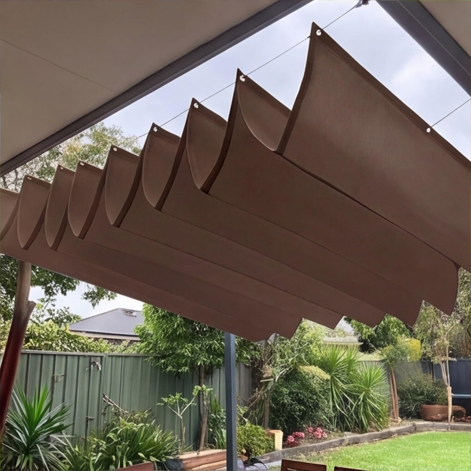 Wysuwany żagiel przeciwsłoneczny 3,4 x 3,6 m, z oczkami i sznurkiem na wymiar, pergola, markiza chroniąca przed promieniowaniem UV, wodoszczelna, ochrona przed słońcem, na taras, pergolę, do ogrodu