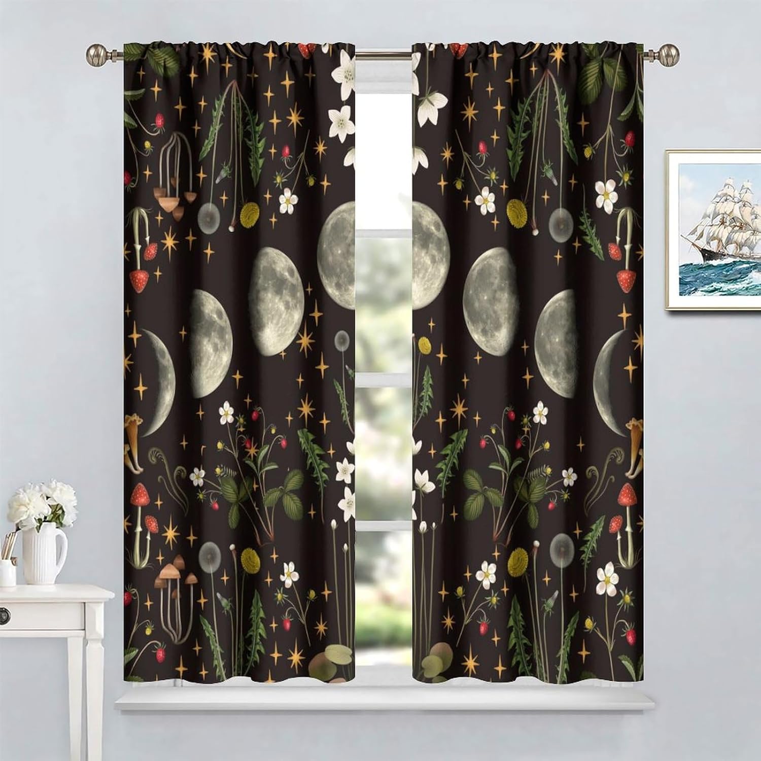 Moon Phase Curtains, Vintage Botanical Mushroom Wildflower Gothic Night Moonlit Mysterious Witchy Window Treatments for Living Room Bedroom Kitchen 63x63in