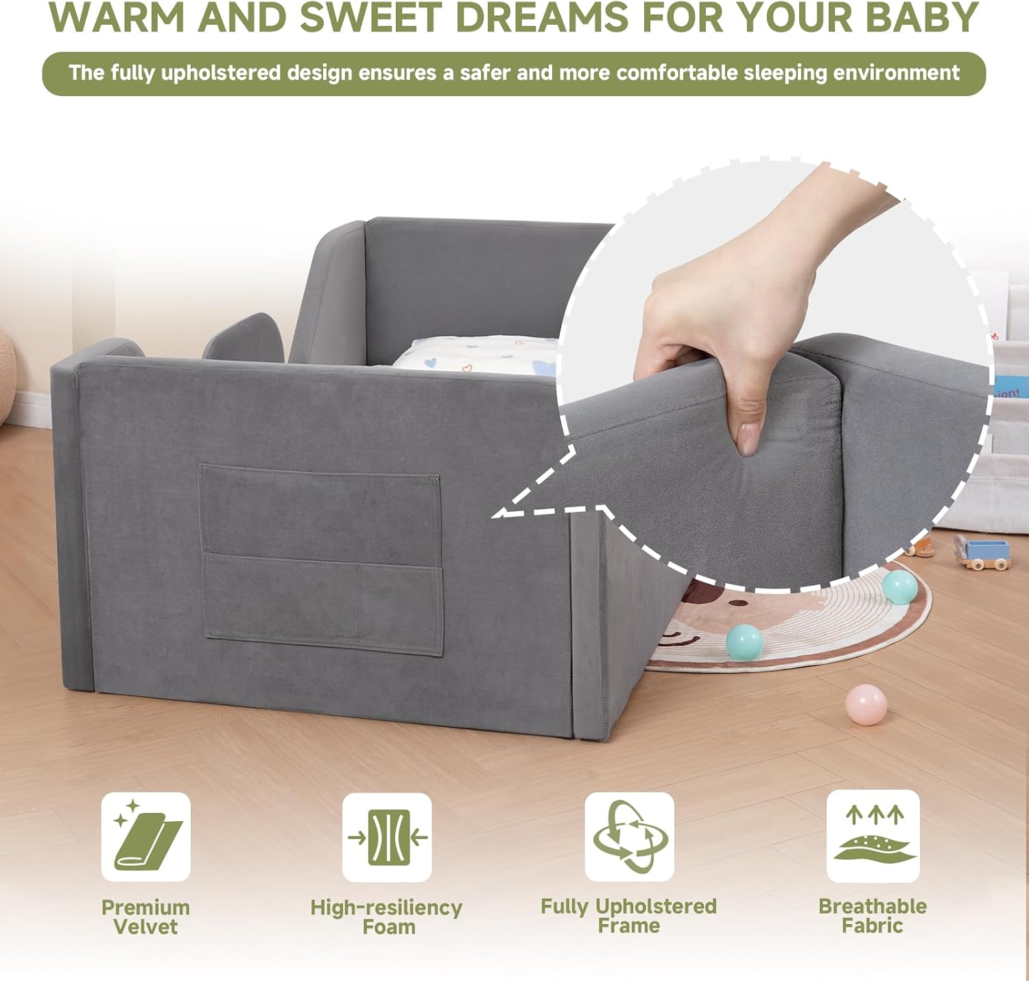 Toddler Floor Bed with Removable Safety Rails and Storage Bag, Kids Bed for Girl and Boys, Standard Crib Size, Safety Upholstered Child Beds, Low to Floor Design