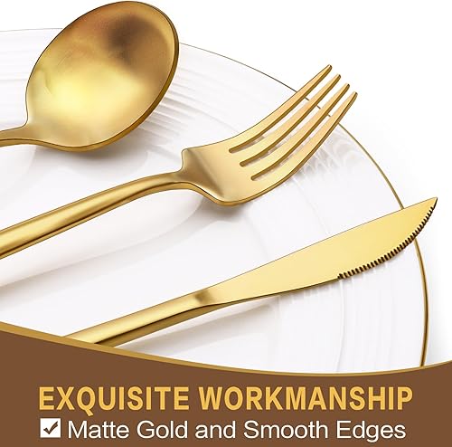 Miniatura 4 de Juego de cubiertos dorados de 30 piezas para 6, cubiertos de acero inoxidable de grado alimenticio, incluye cucharas, tenedores, cuchillos,