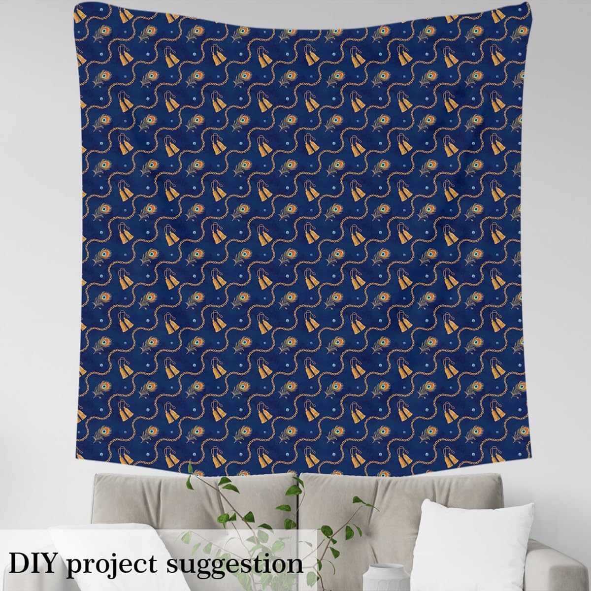 Blue Bohemia Style Decorative Fabric by The Yard Ethnic Peacock Feather Indoor Outdoor Soft Flannel Polyester No Stretch Fabric Retro Rope Chain Diamond Fabric Quilting Sewing Arts DIY Craft,5 Yard