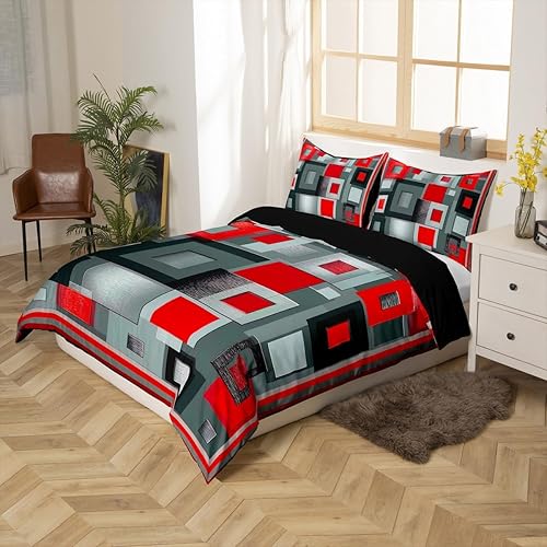 Miniatura 5 de Juego de ropa de cama a cuadros cuadrados Castle Fairy, Funda de edredón roja, blanca y gris para niños, adolescentes, niños y niñas, Funda de