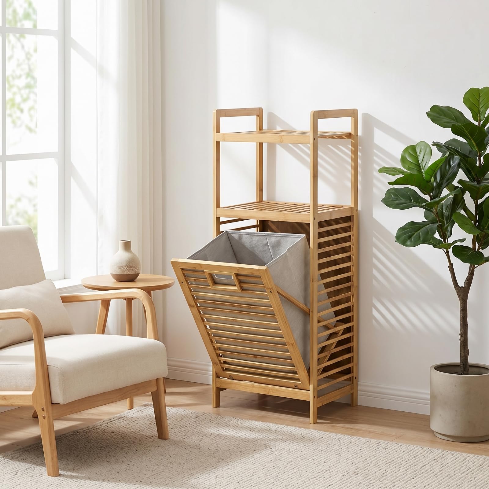 Cesta Porta Bucato Organizzatore Scaffalatura Portasciugamani Ripiano Portabiancheria Mobile Verticale in Bambù con Cesto Tilting Integrato per