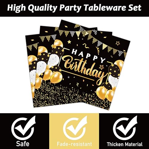 Miniatura 3 de Juego de vajilla para fiesta de cumpleaños de 96 piezas, color negro y dorado, platos y servilletas de fiesta negros, suministros de papel