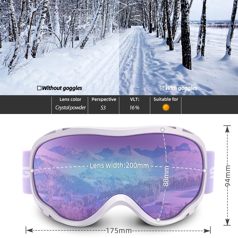 Gogle narciarskie nad okularami, narciarskie, snowboardowe, skutery śnieżne, dla mężczyzn, kobiet, dorosłych, przeciwmgielne, 100% ochrona przed promieniowaniem UV