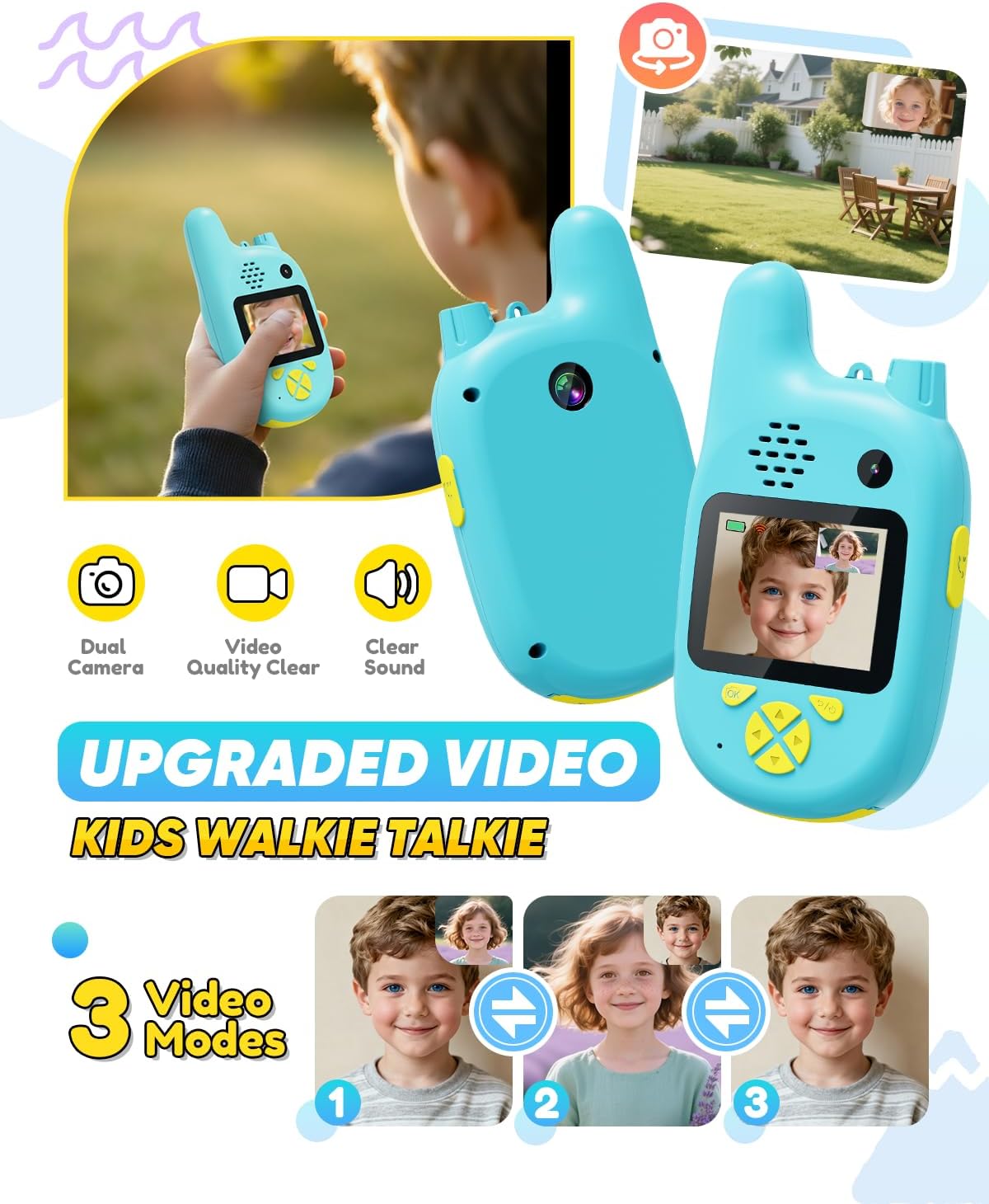 Video Walkie Talkies for Kids with Dual Cameras,2 Pack Rechargeable Kids Walkie Talkies Toys for Ages 3-9 Year Old Boy Girl, Birthday for 3 4 5 6 7 8 Year Old Boys Girls,Indoor&Outdoor