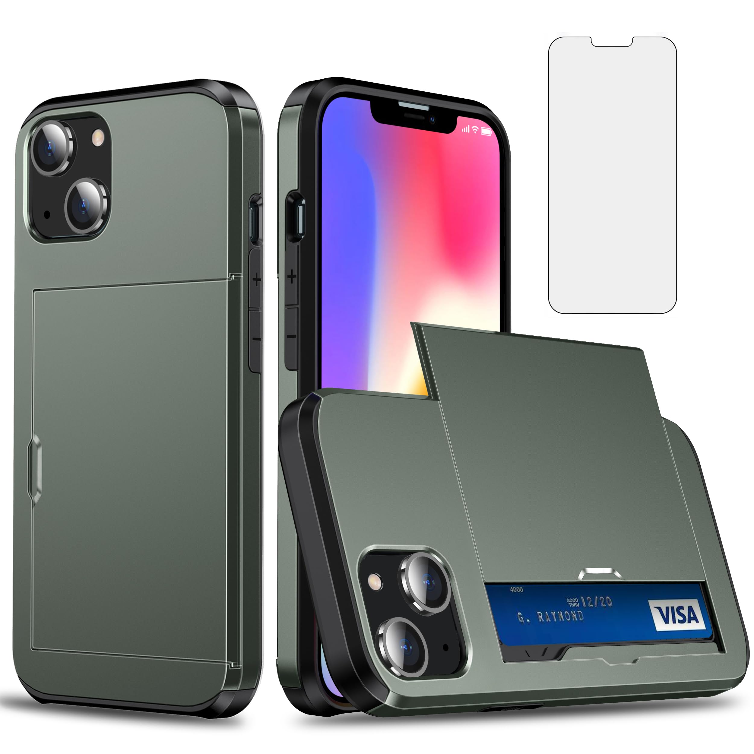 Asuwish Phone Case for iPhone 14 6.1 inch with Tempered Glass Screen Protector Cover and Accessories Card Holder Slot Slim Hybrid Cell Protective iPhone14 5G i i-Phone i14 14Case Women Men Army Green