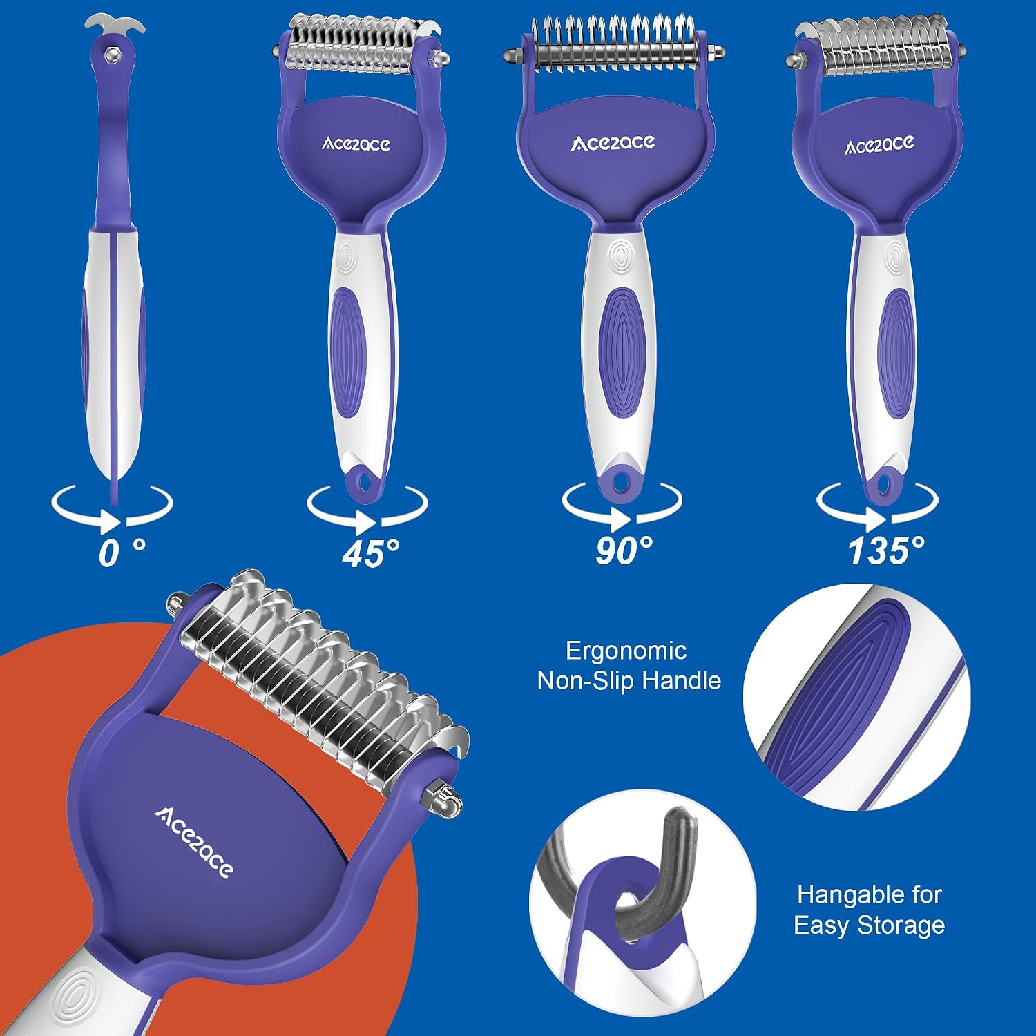 ACE2ACE Undercoat Rake for Long-Haired Dogs & Cats, Deshedding Tool