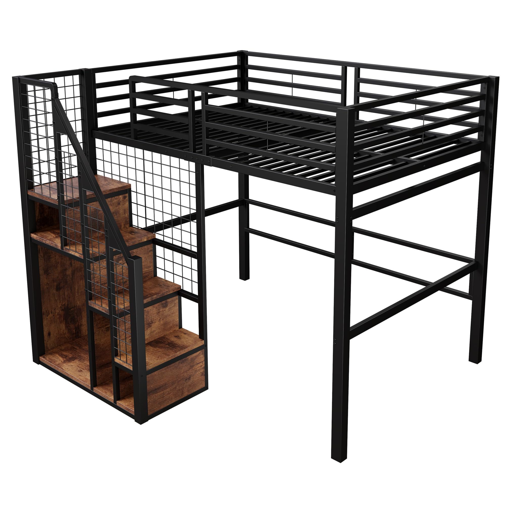 Dolamaní Letto a soppalco 140 x 200 cm con scala per bambini e adulti, rete da letto in metallo con sicurezza anti-caduta, grande spazio sotto il letto, nero