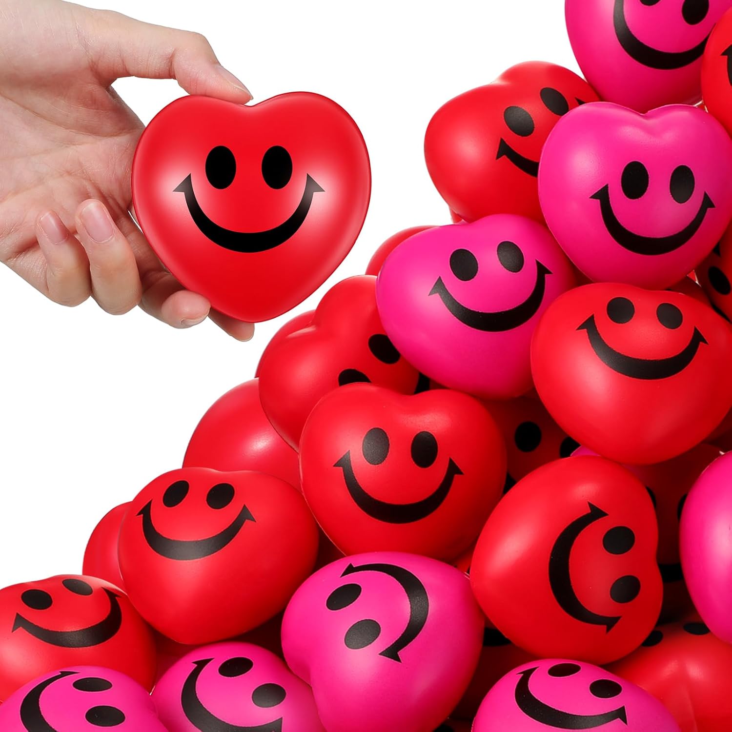 Zubebe 48 Pcs 2.76'' Valentine's Day Heart Stress Balls Heart Shaped Smile Face Ball Stress Relief Balls Valentines Day Gifts for Staff Kids Adults Party Favors School Reward (Red)