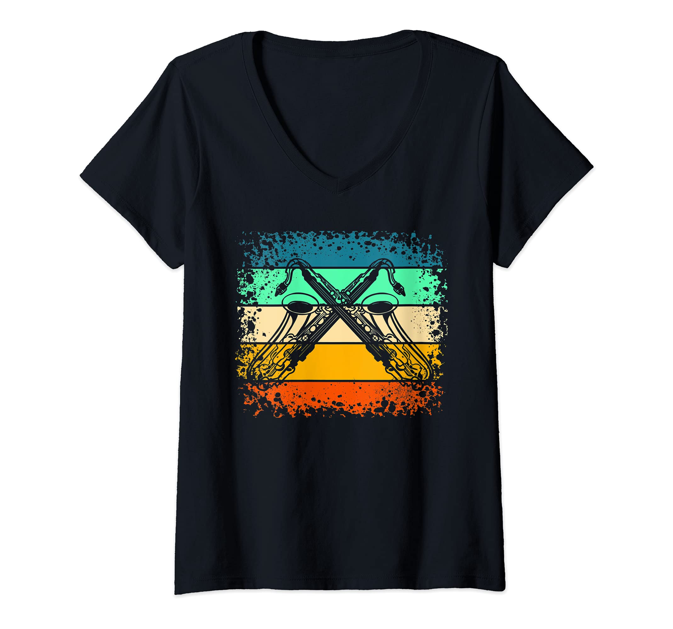 Womens Retro Jazz Metal Wind Instrument Classic Saxophone Music Tee V-Neck T-Shirt, Black