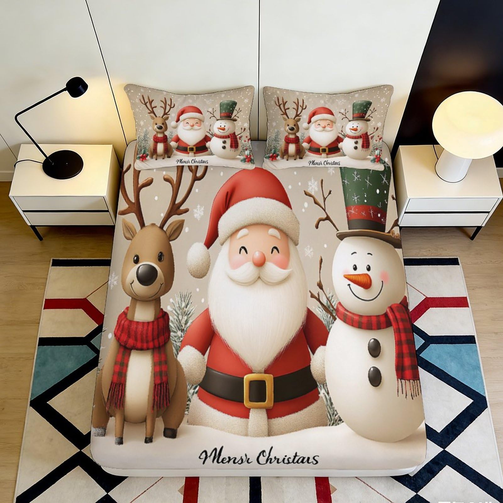 3D Printed Christmas Santa Reindeer Fitted Sheet Microfiber Soft Snowman Mattress Cover for Bedroom Guest Room Decor 140x200x25cm