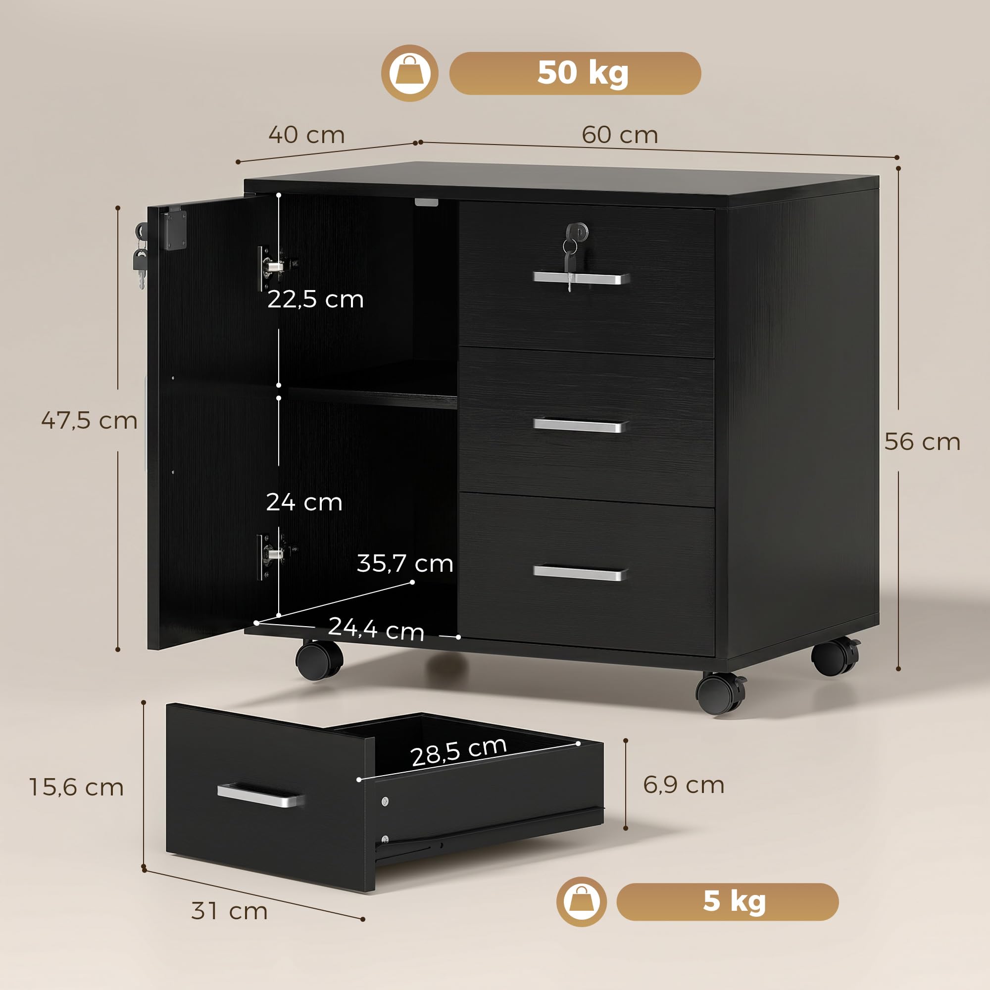 HOMCOM Cassettiera da scrivania con 3 cassetti, 40 x 60 x 56 cm, colore: Nero | Armadietto portaoggetti regolabile per ufficio, ruote