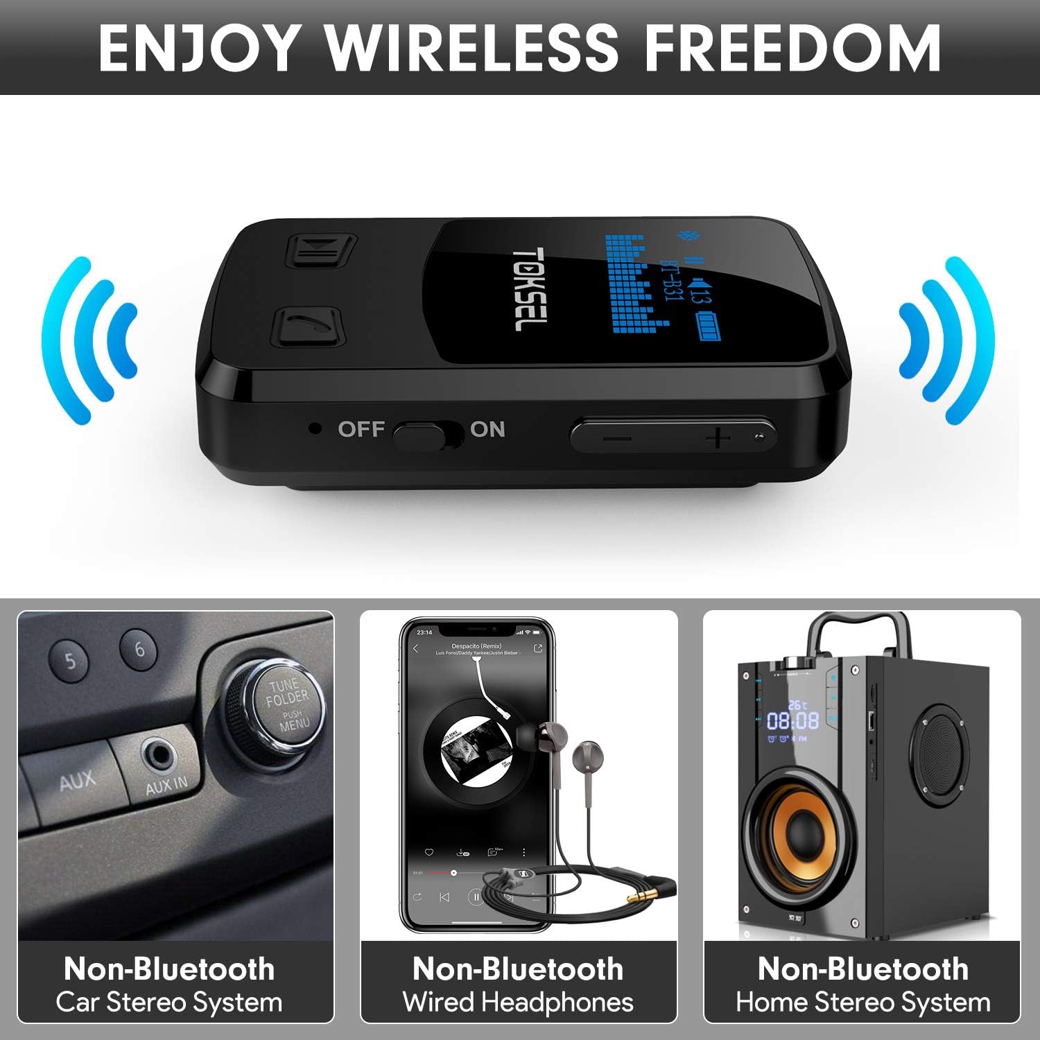 TOKSEL Visible Bluetooth Music Receiver, Bluetooth 5.0 Aux Adapter with OLED Display Screen, CVC8.0 Noise Cancelling, Handsfree Calls, 13-Hour Battery Life, 3D Surround Sound for Car Home Stereo