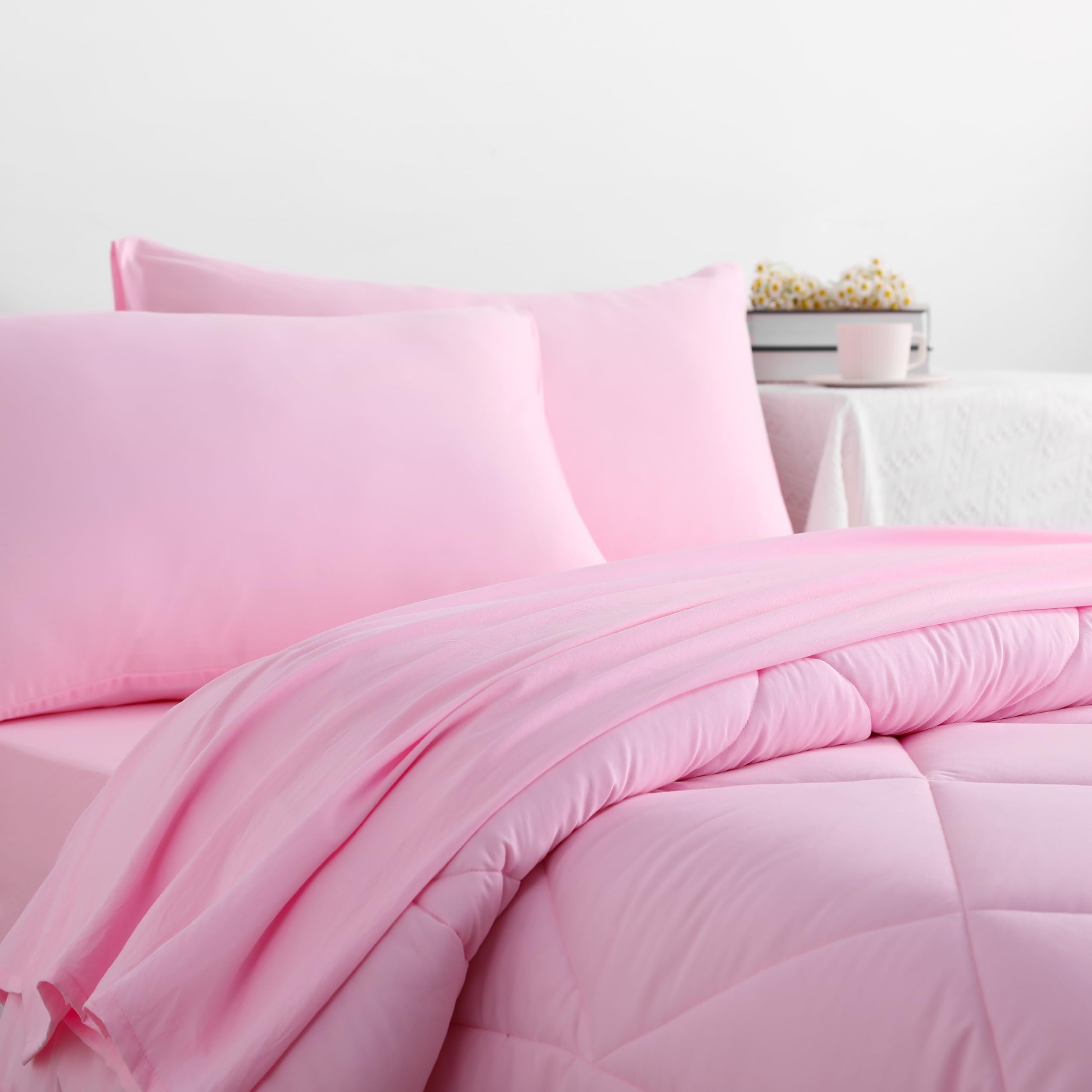 Juego de edredón individual con sábanas, juego de ropa de cama individual suave y transpirable de 5 piezas, cama individual en una bolsa, juego de edredón alternativo de plumón de color sólido 7
