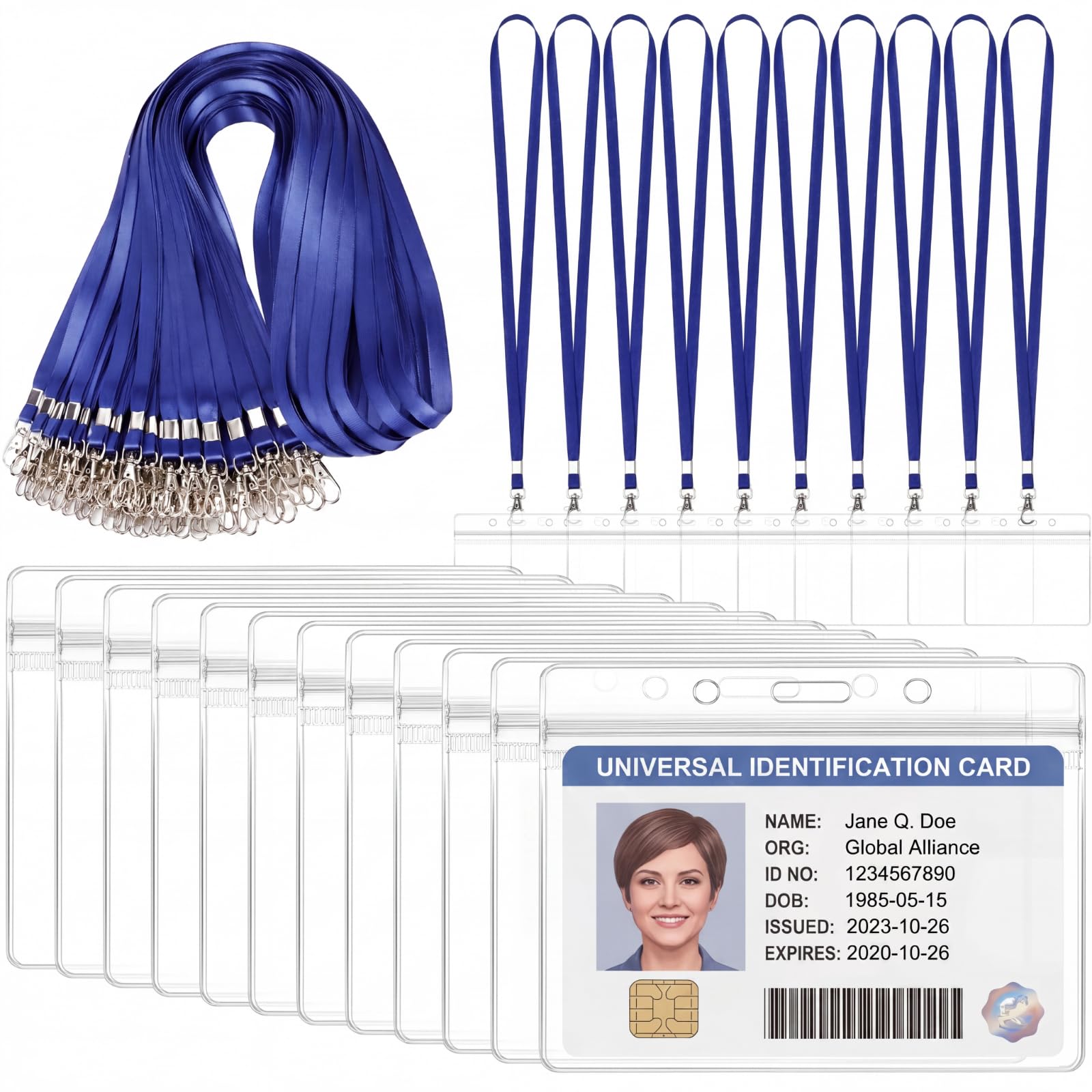 Jadive Paquete de 100 cordones para el cuello con tarjetero, soportes de plástico transparente para tarjetas de identificación, horizontales, impermeables, para personal de oficina, conferencia