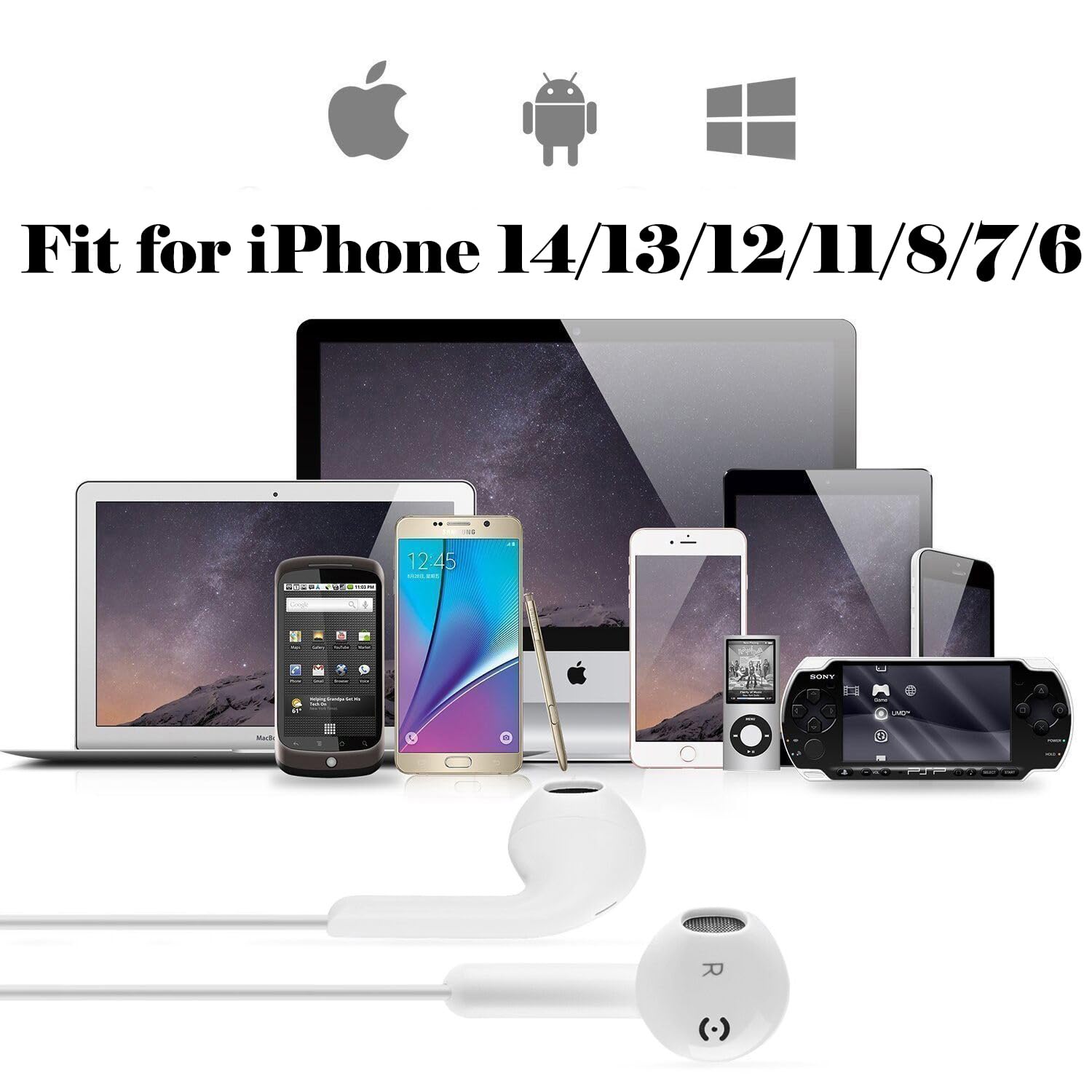 Set di 2 cuffie Lightning con cavo, Apple MFi certificate per iPhone 14/14 Plus/13/12/11/8/7 X Pro Max, auricolari in-ear HiFi Audio Stereo (bianco)