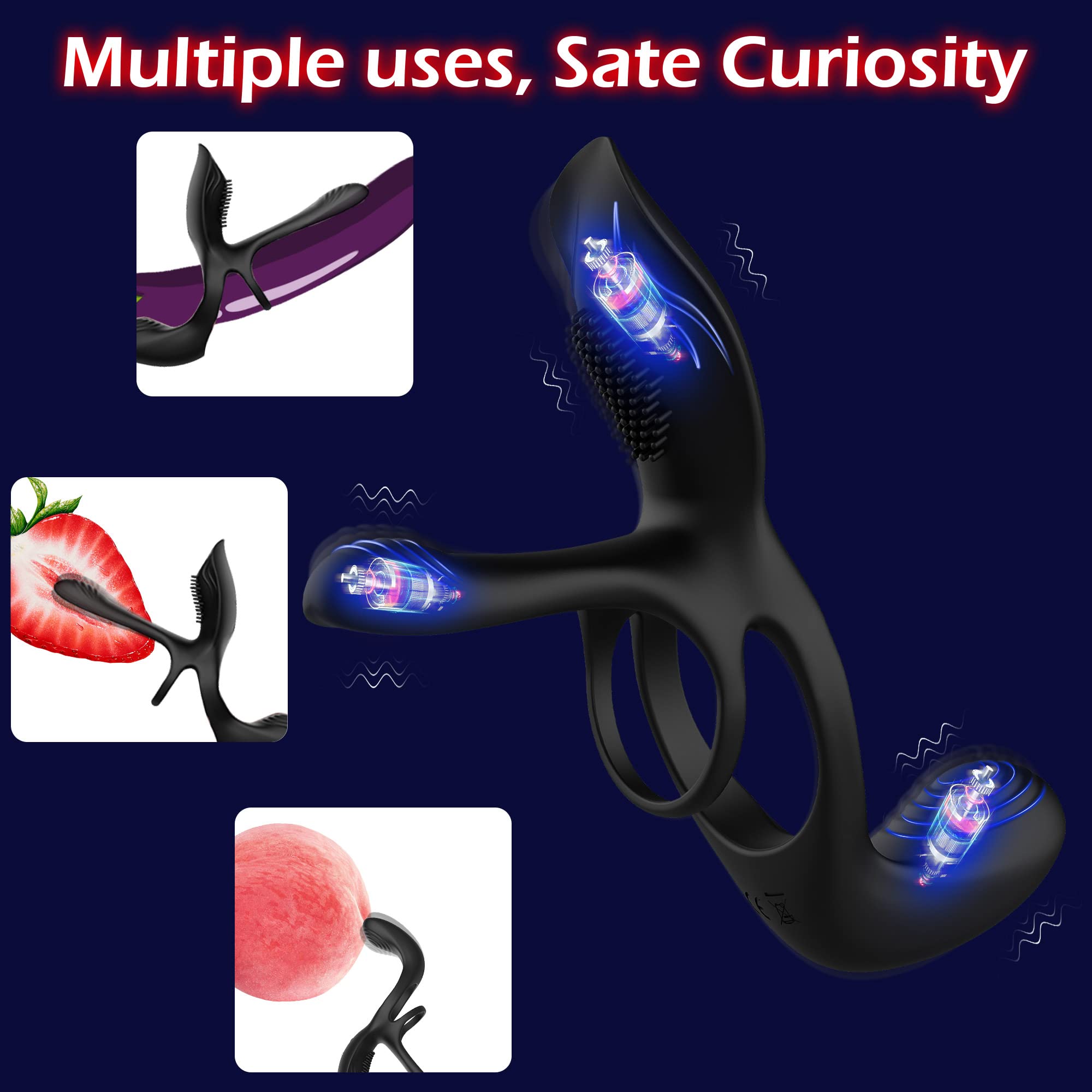 Anillo vibrador «3 en 1», fabricado con silicona de grado médico, con 10 modos de vibración, de textura suave y elástica, y muy resistente.