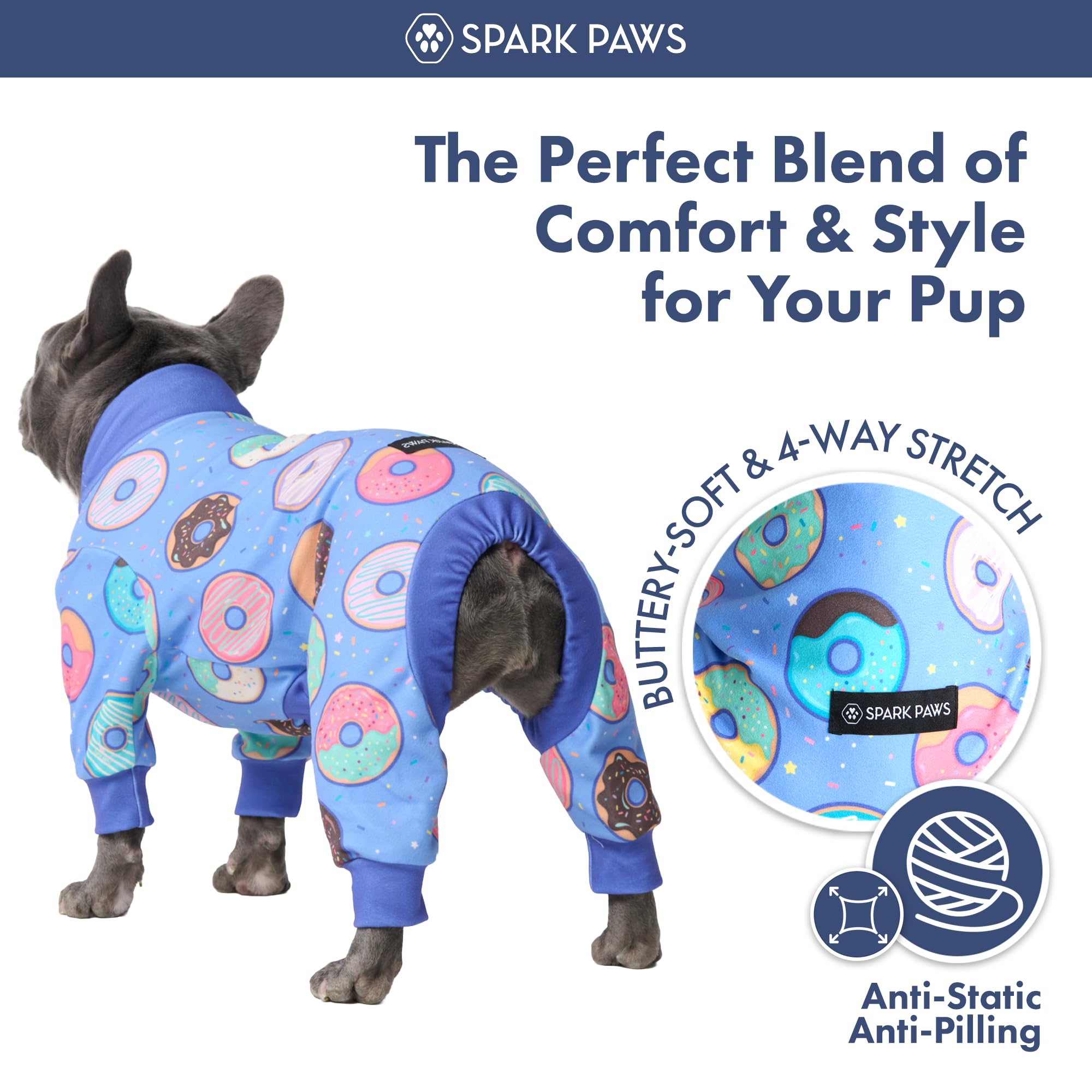 Spark Paws Pijama para perro, traje de recuperación para perro, mameluco, ultrasuave y elástico en 4 direcciones, para razas pequeñas, medianas y grandes, donas, talla 4XL