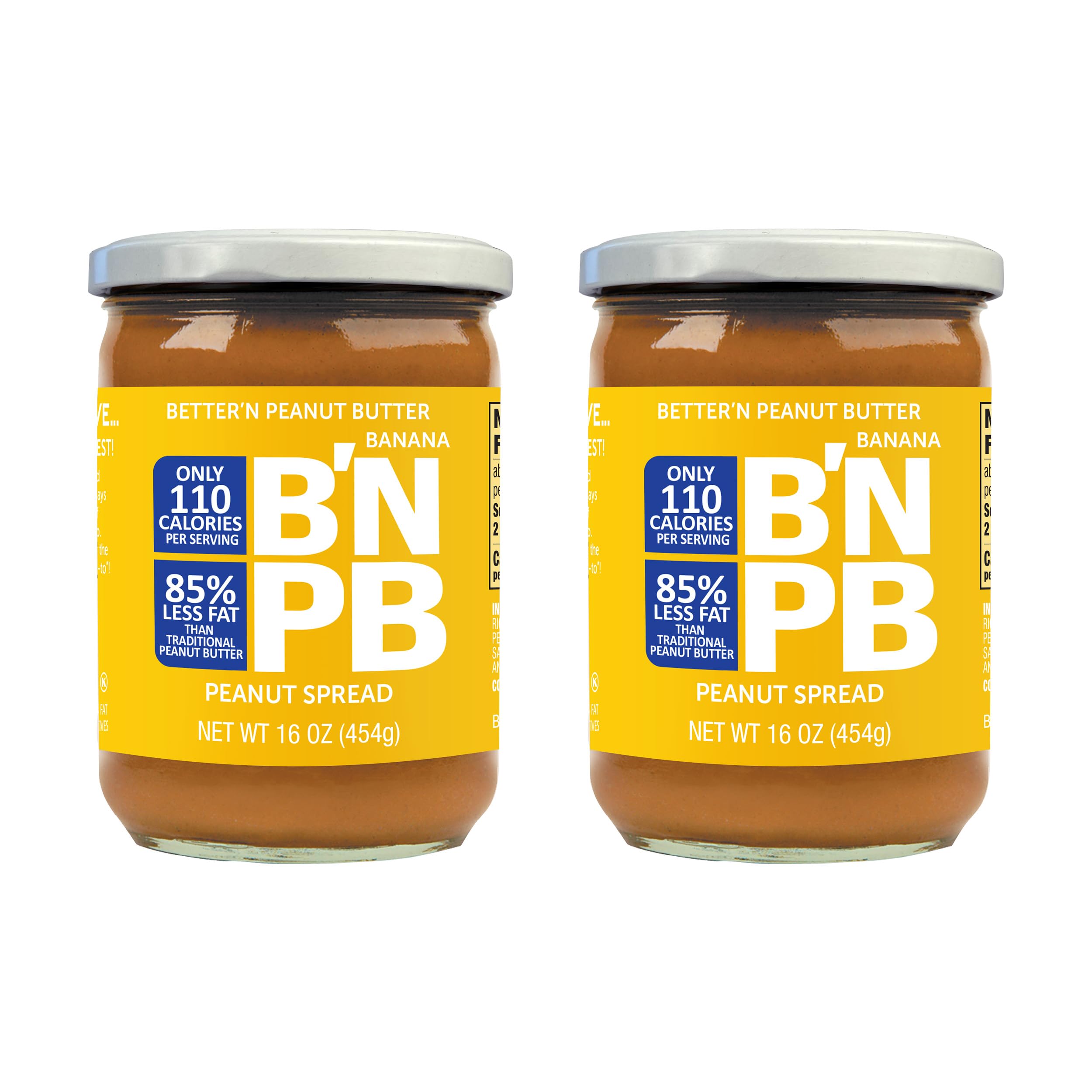 Low Fat Banana Peanut Butter Spread by Better’n Peanut Butter, Creamy Low-Calorie Peanut Spread with No Saturated Fat, Gluten Free, Dairy Free, Non GMO, Kosher, Pack of 2, 16 oz. Glass Jars