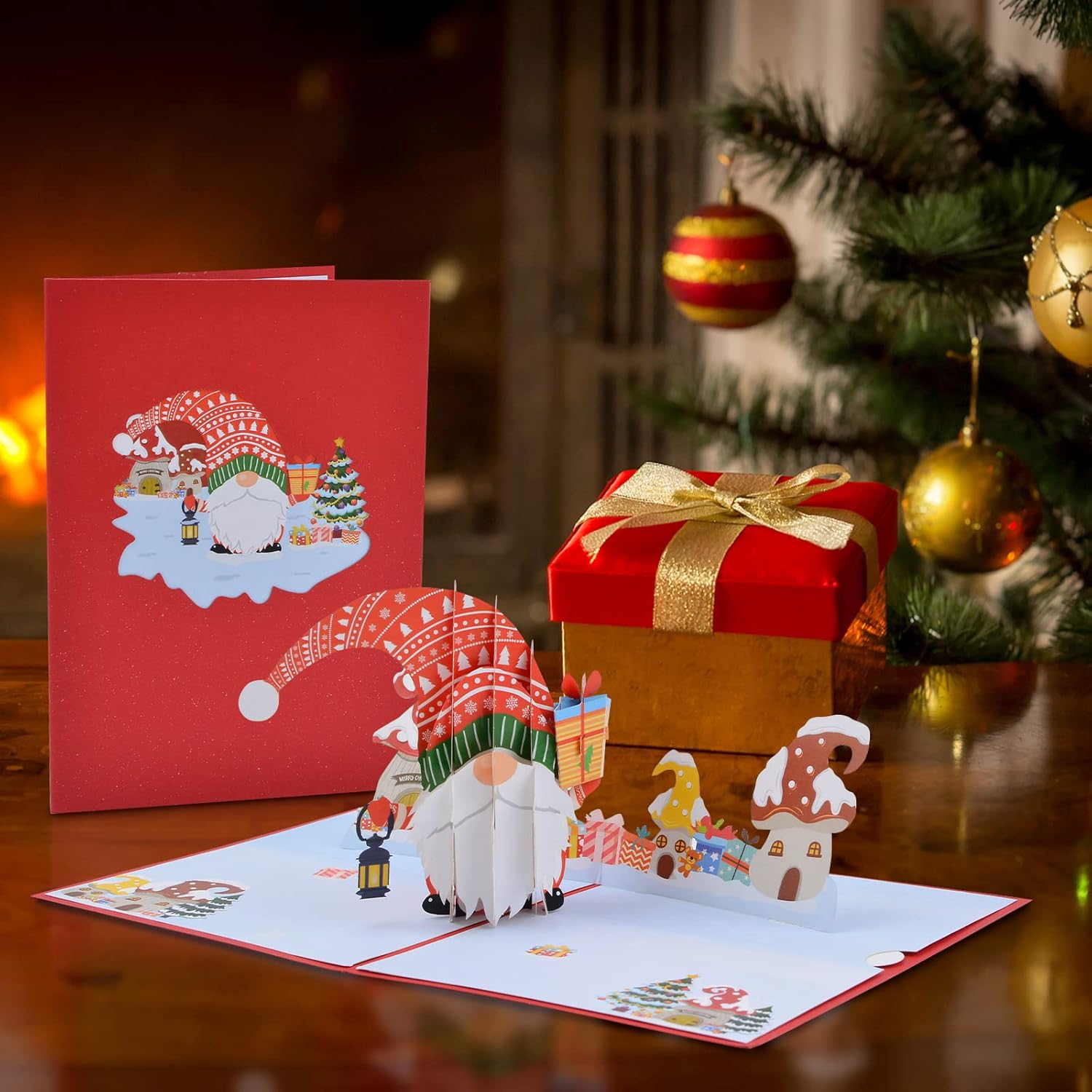 URROMA 3D Pop Up Christmas Card, Handmade Popup Santa Gnome Greeting Cards for Christmas Holiday Xmas Gift 5" x 7" - Image 4