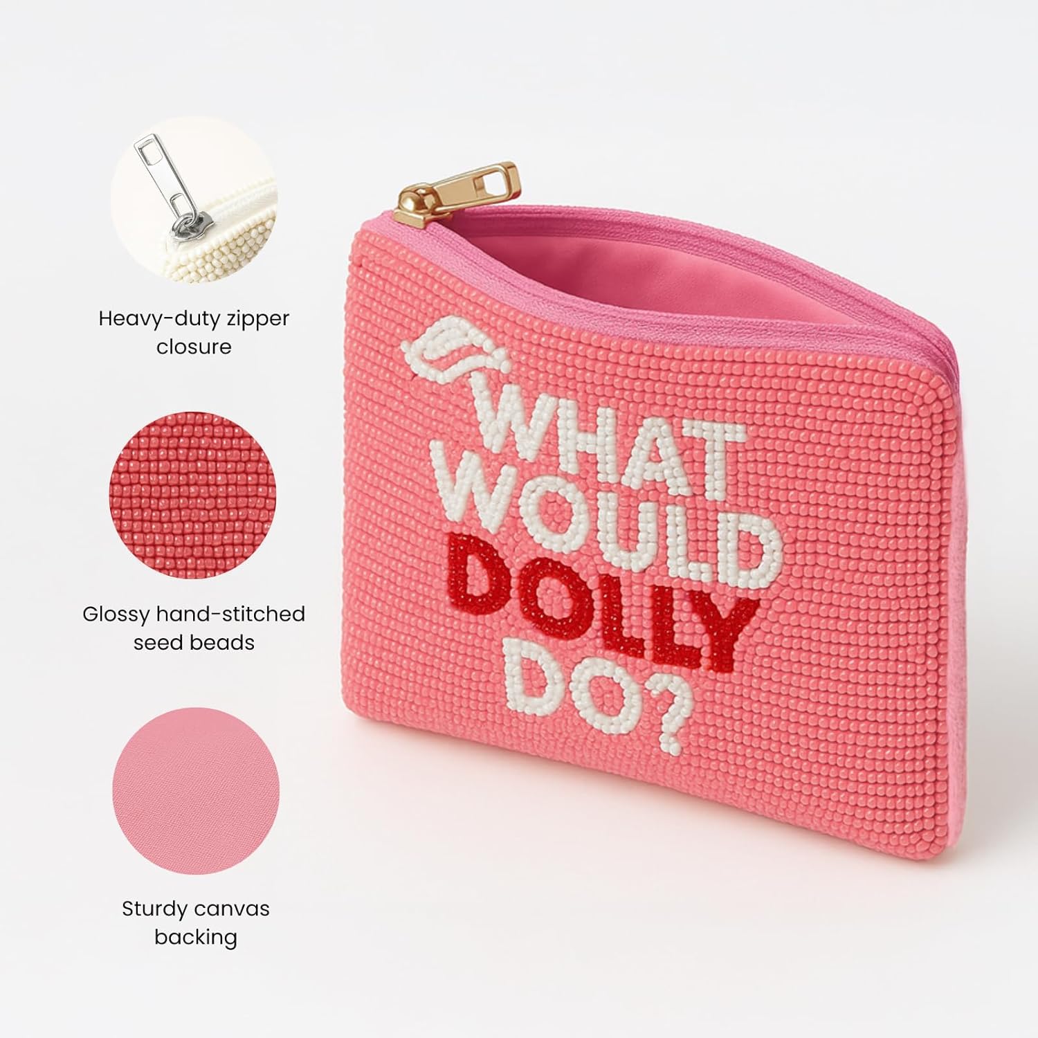 Pearl Beaded Coin Purse Handmade with Colorful Designs Savings Bag Small Zipper Pouch for Cash Card & Makeup (What Would Dolly Do?) - Image 4