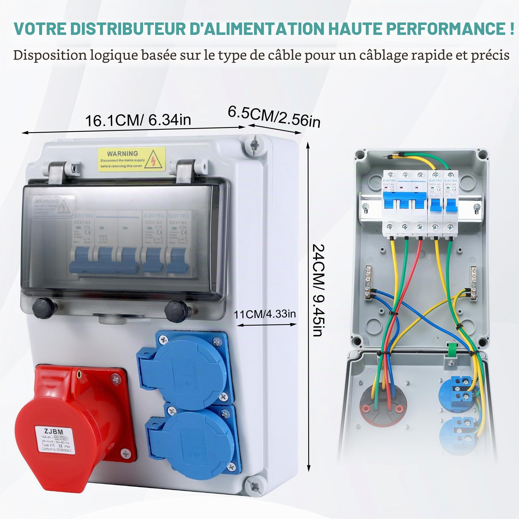 VAYALT Tableau Électrique 16A, Coffret Électrique de Chantier 230V, 2 x 16A Schuko+ 400V 16A CEE avec Disjoncteur, Boîtier étanche IP66, Coffret de Chantier pour Ateliers-Répartiteur Mural pré-câblé