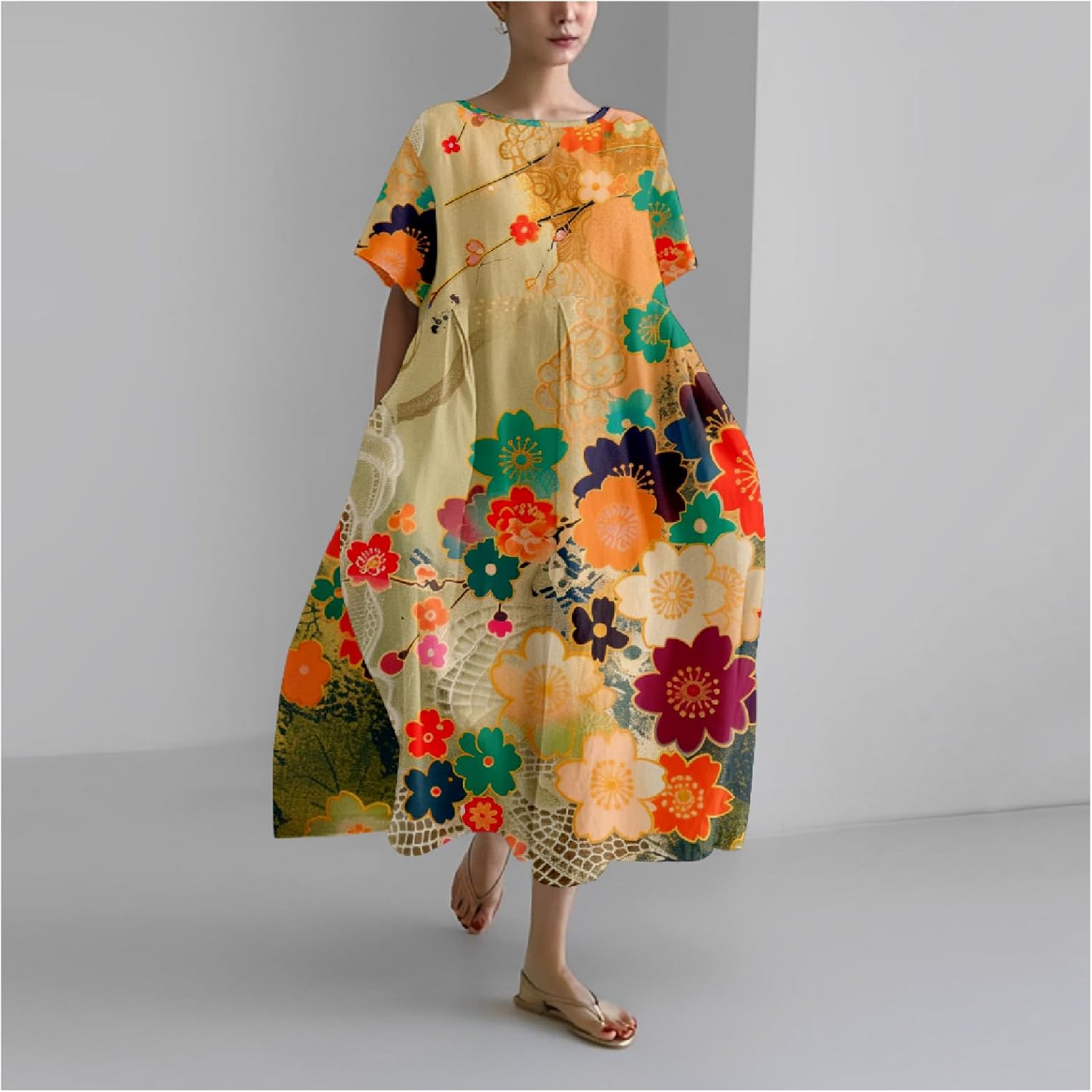 MARSVOVO Boho Maxi Dress for Women Plus Size Flowy Japanese Floral Print Casual Dresses - Image 2