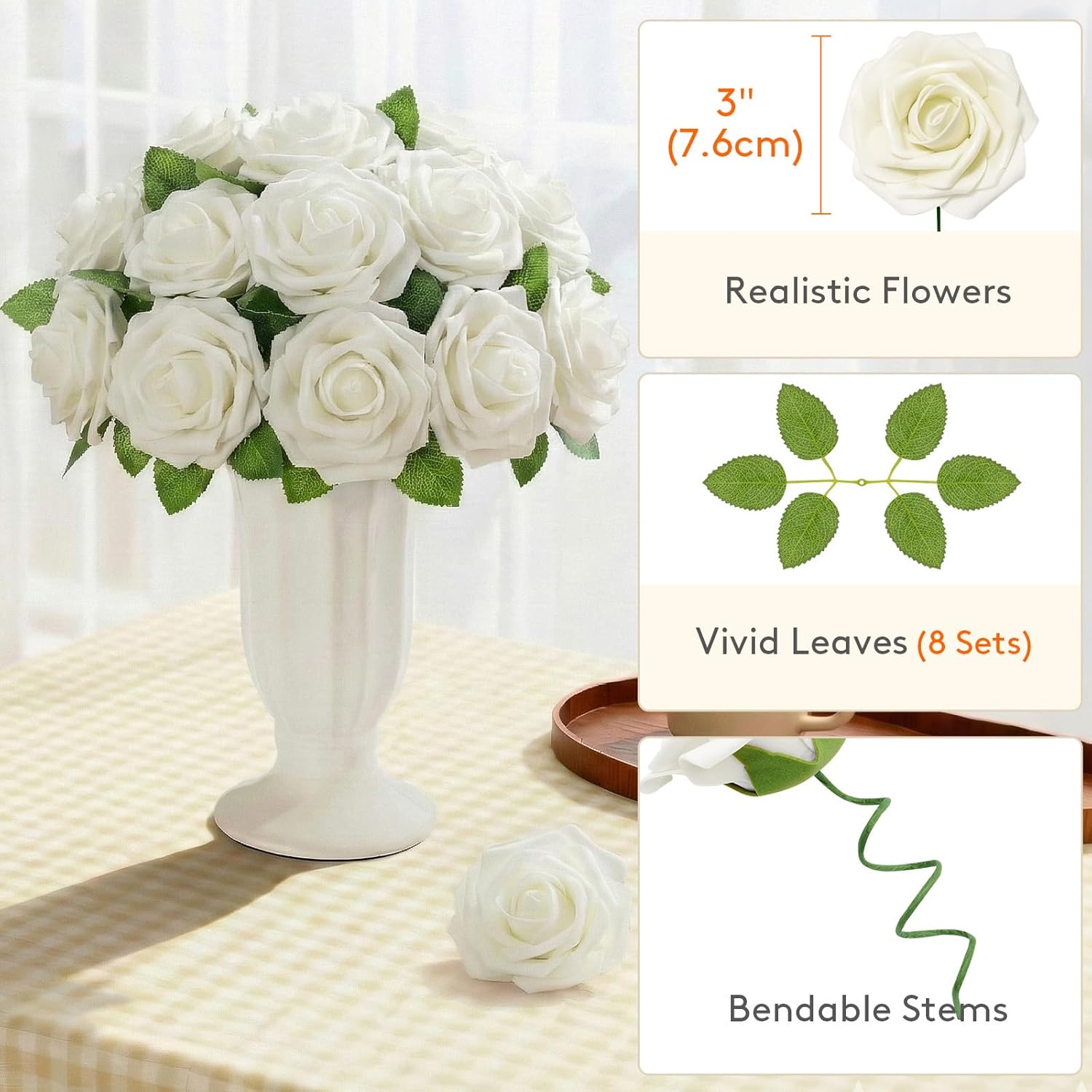 Lifewit Artificial Flowers, 50 Pcs Ivory Foam Real Looking Roses with Stems, Fake Roses for DIY Wedding Bouquets, Centerpieces Arrangements, Valentine Decorations