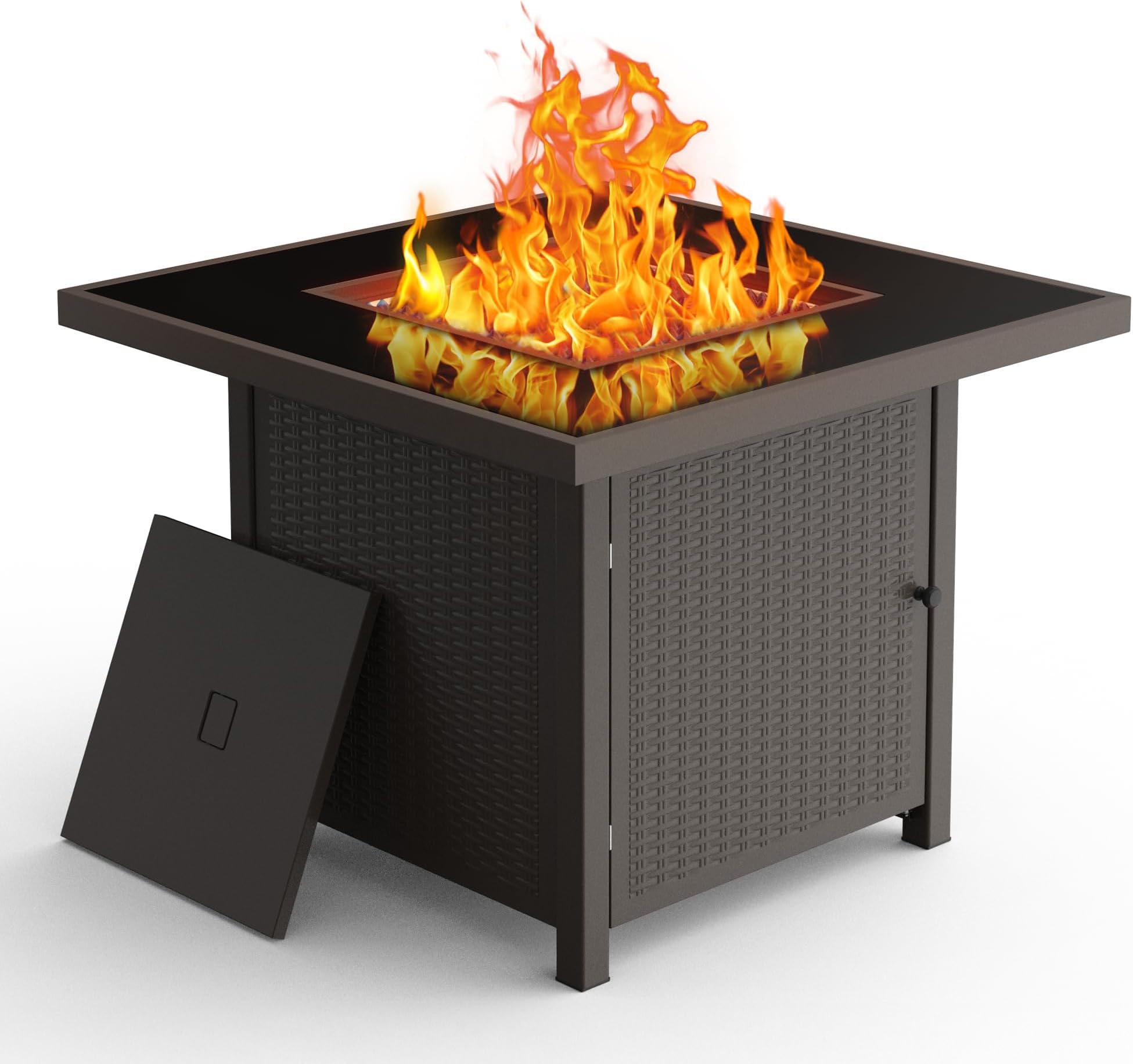 32 inch Glass Tabletop Propane Fire Pit Outdoor, 50,000 BTU Propane Fire Pit Table Square, Gas Firepits for Outside Patio, Garden, Brown
