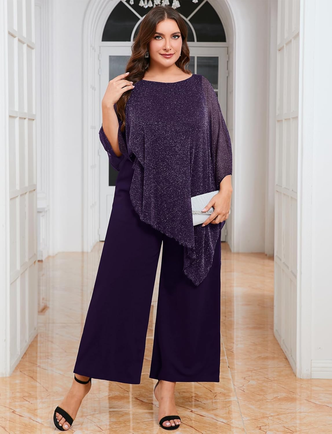 ZOMVA Plus Size Mother of The Bride Pant Suits Dressy 2 Piece Asymmetric Cape Set with Pockets Wedding Guest Outfit - Image 4