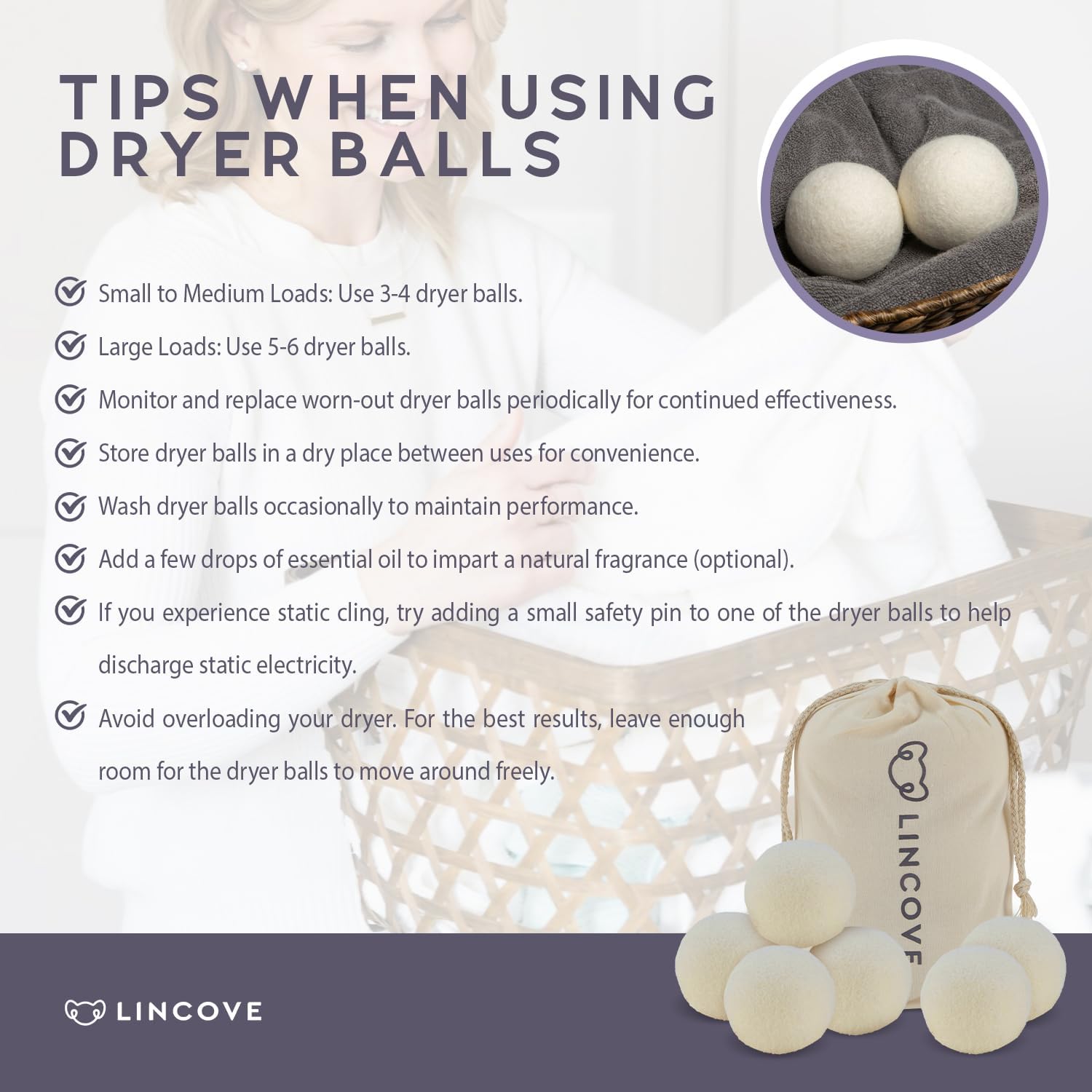 Wool Dryer Balls, 6 Pack – Natural Fabric Softener for Laundry, 100% Organic, Reusable for 1000+ Loads, Anti-Static, Reduces Drying Time, Baby Safe & Hypoallergenic Comes with Lincove Storage Bag