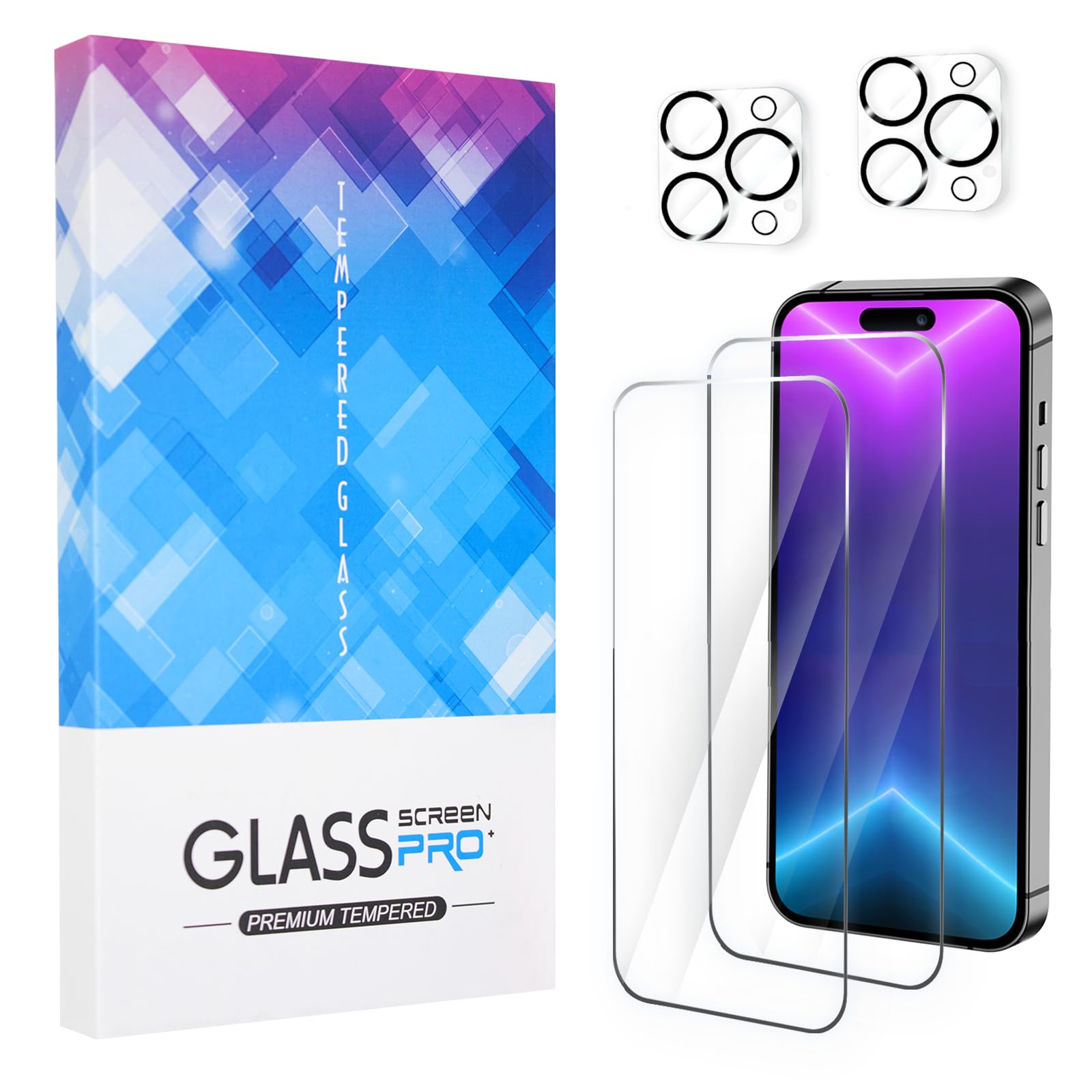 Nozza 2-Pack Screen Protector for iphone 15 Pro Max (6.7 inch) + 2 Pack Camera Lens Protector ,Tempered Glass Screen 9H Hardness Film Guard, Ultra HD,Case Friendly,Easy installation