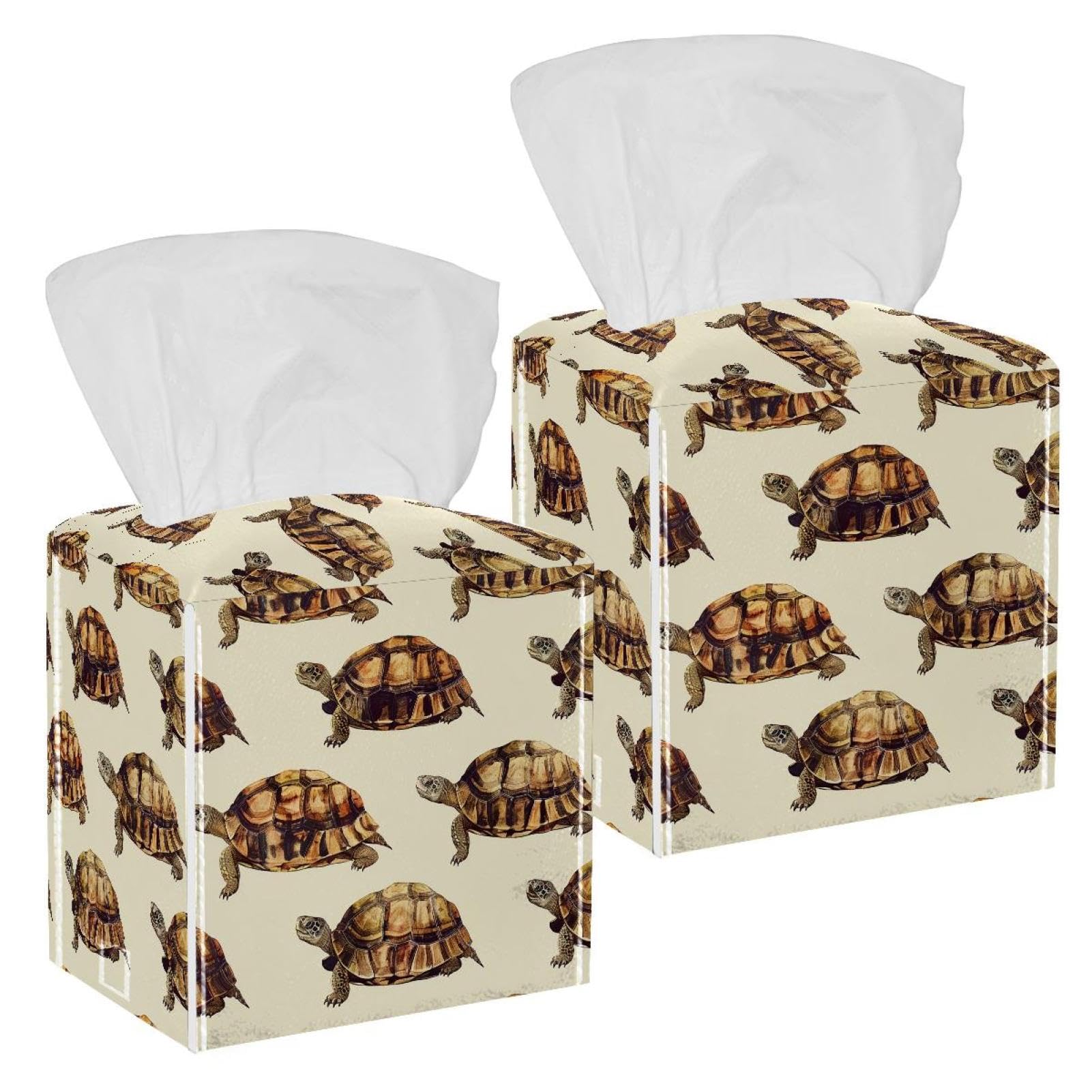 Turtles Tissue Box Cover, 2 Pack PU Leather Square Facial Tissue Dispenser Box holder for Home Office Car
