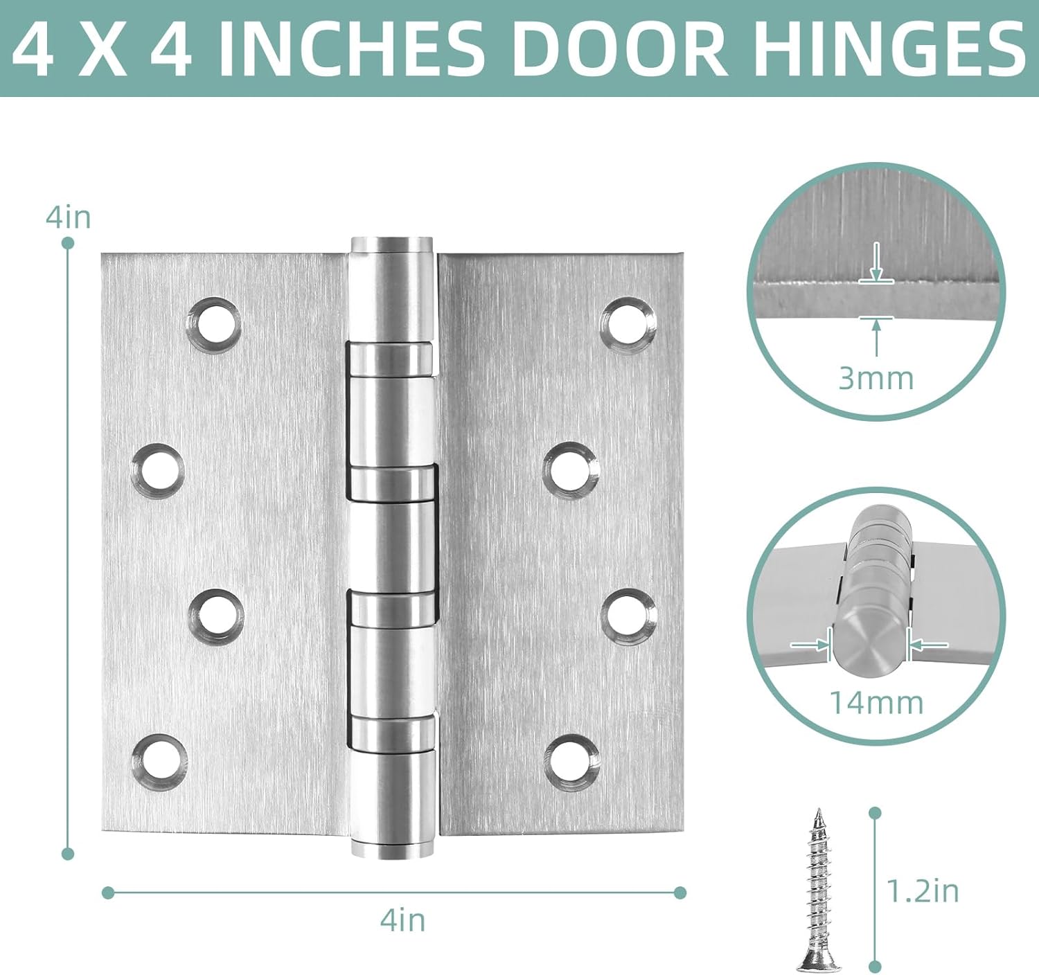 12 Pack Ball Bearing Door Hinges, 4" (102mm) x 4" (102mm) Heavy Duty Stainless Steel Door Hinges with Square Corners Commercial Grade Stainless Steel Hinges, Silver