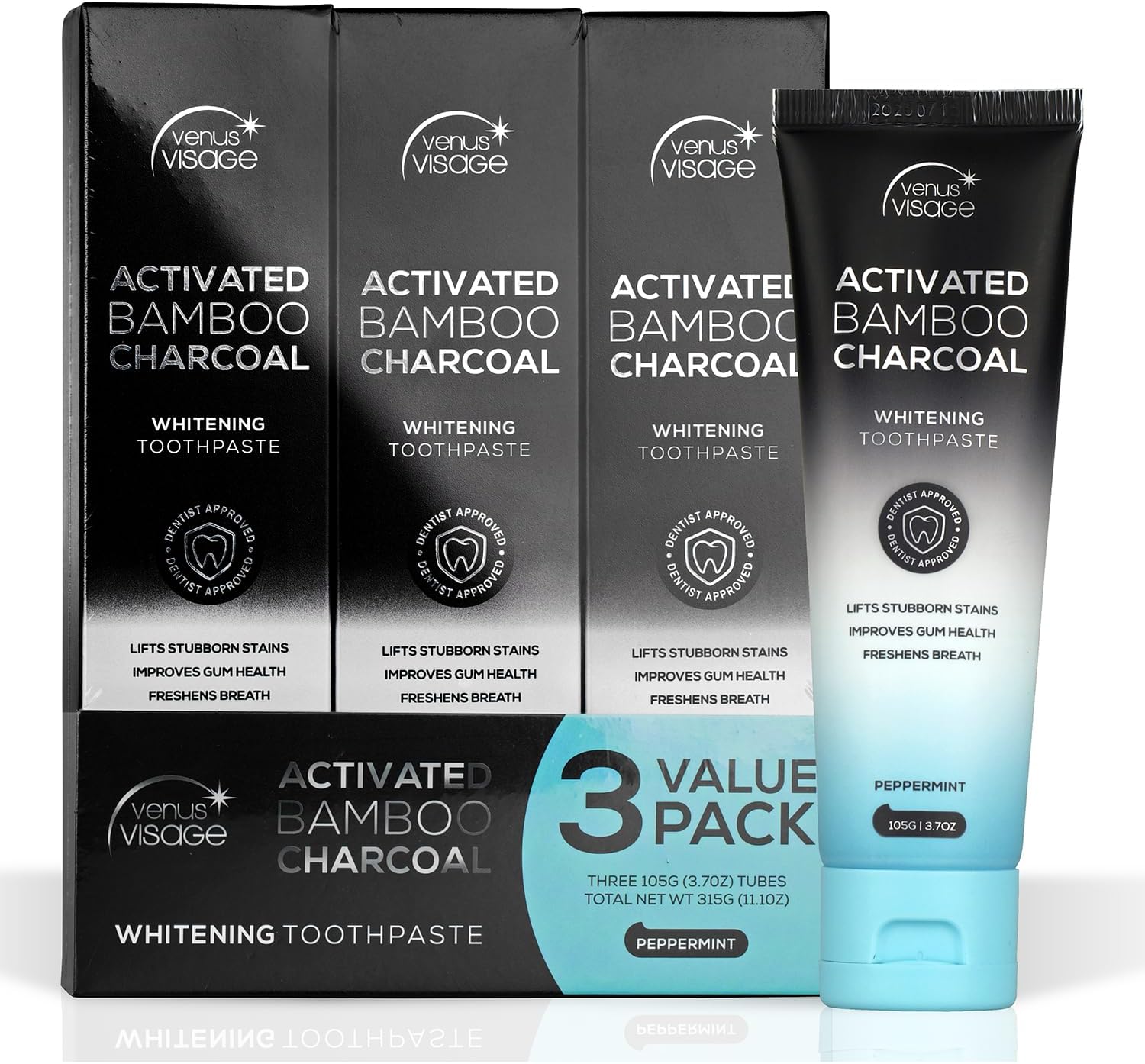 VENUS VISAGEActivated Charcoal Toothpaste for Whitening, 3 Pack - Effective Teeth Whitening Toothpaste for Surface Stains - Peppermint Flavor (3.7 oz/105 g)ClimatePartner certified