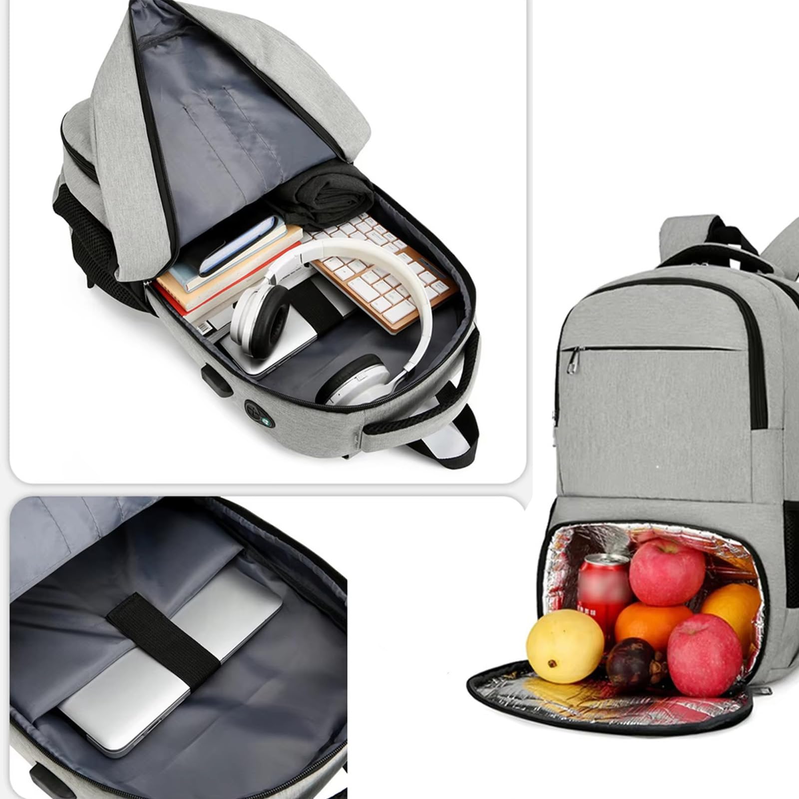 Zaino PC Portatile, Zaino da Viaggio con Borsa Termica Porta Pranzo con Porta USB, Laptop Zaino Lavoro Donna Uomo per Campeggio Viaggio - Nero